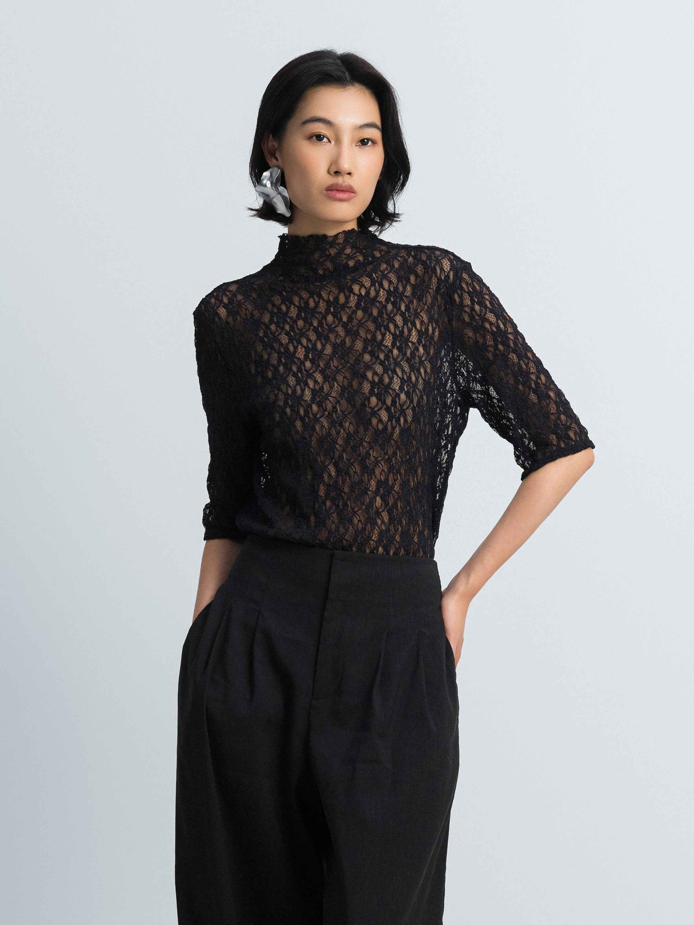 Navy Blue Stretch Lace Semi-High Neck Elbow-Sleeve Top