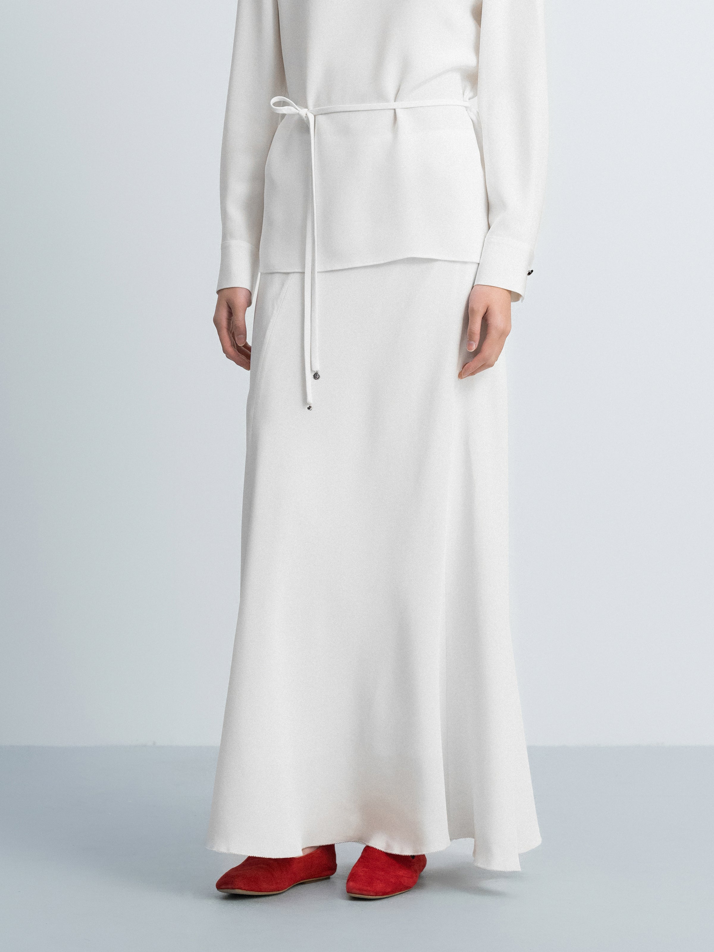 Cream White Mulberry Silk A-Line Fishtail Long Skirt