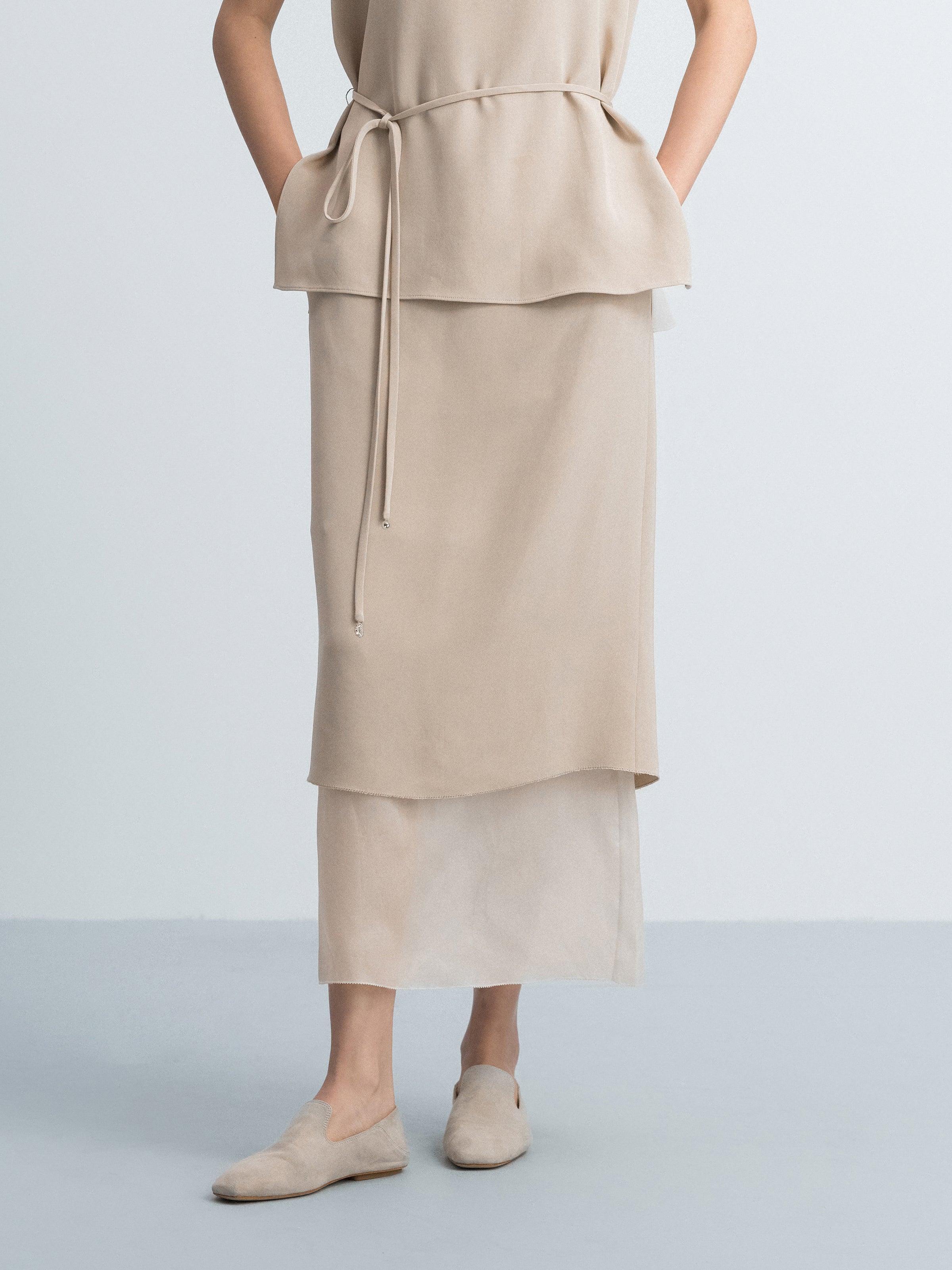 Light Khaki Mulberry Silk Gauze Splice Straight Midi Skirt