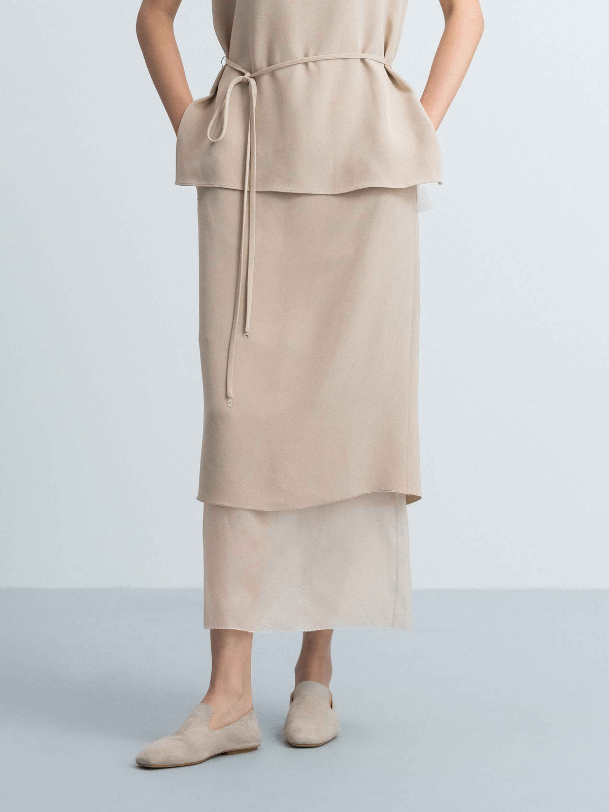 Light Khaki Mulberry Silk Gauze Splice Straight Midi Skirt