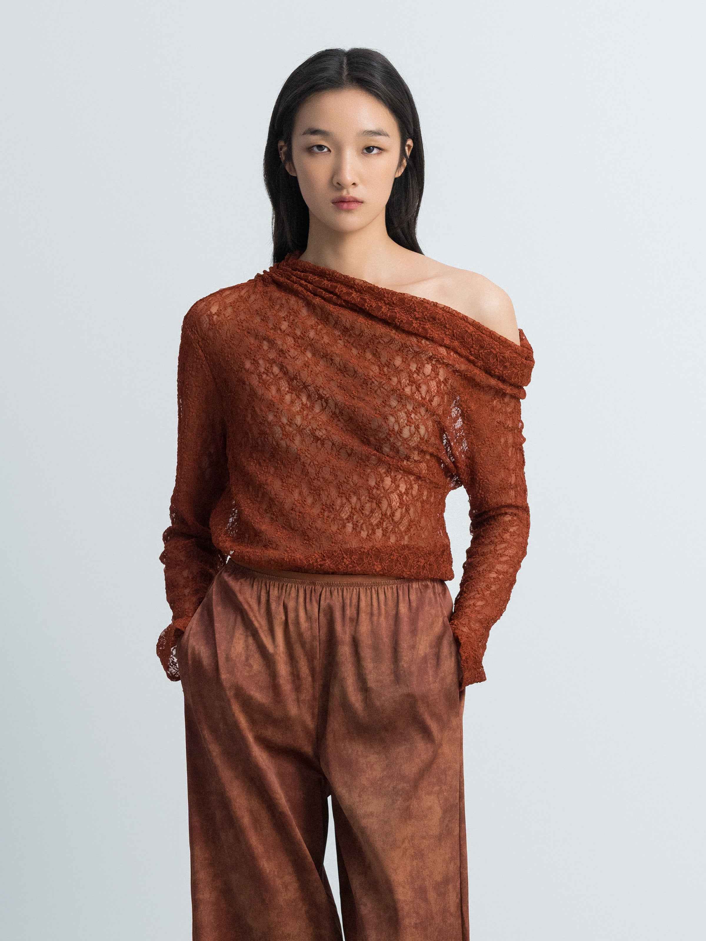 Orange Red Stretch Lace Stacked Neck Fitted Long-Sleeve Top
