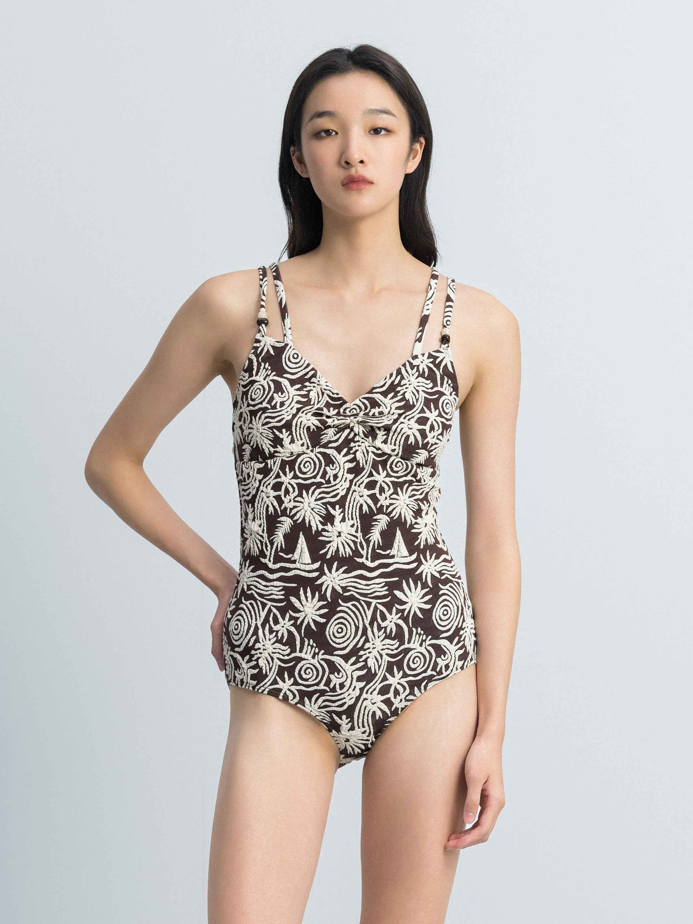 Pattern Swimwear Ruched Neck Cross Strap One-Piece Swimsuit