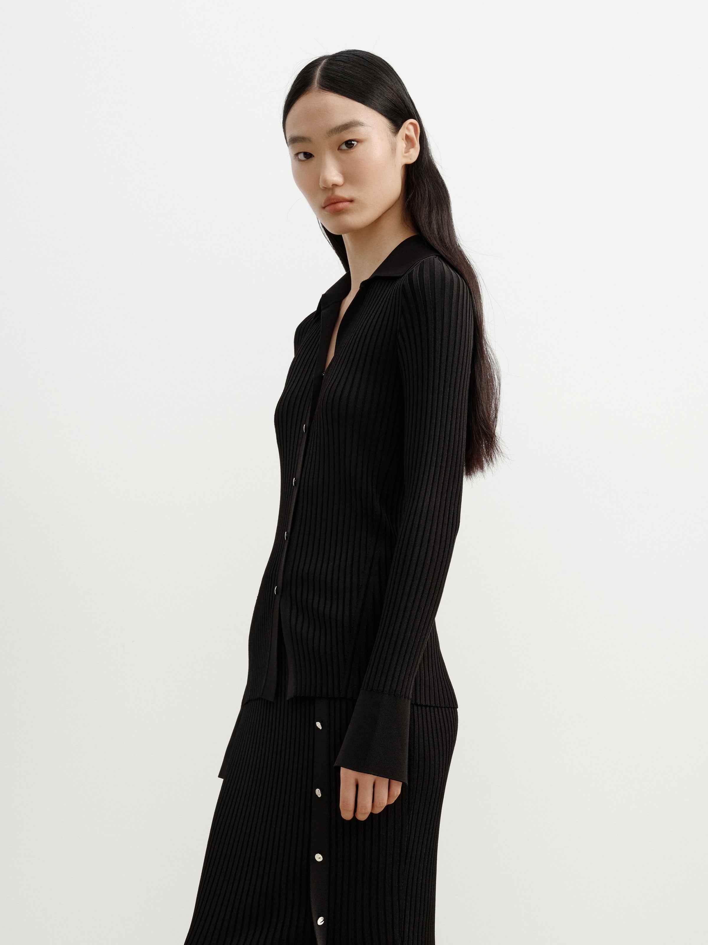Black Viscose Blend Wide Rib Silver Snap Cardigan