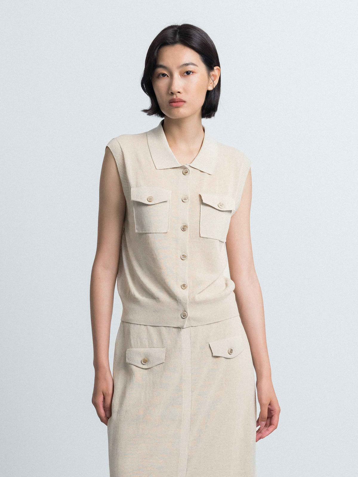 Beige Cotton Linen Knit Fitted Utility Pocket Cardigan