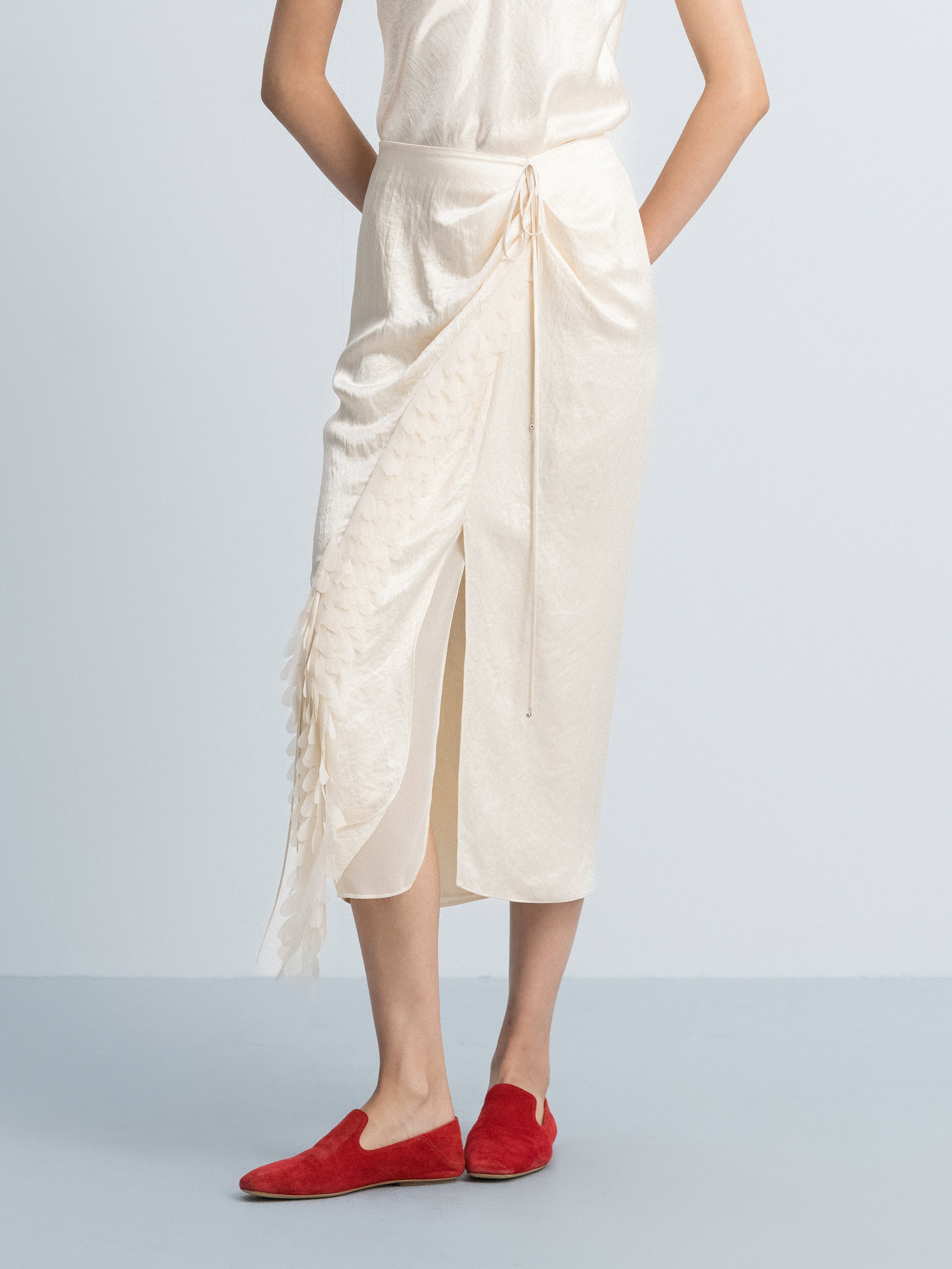 Cream White Acetate Ruched Waist Front Slit Midi Skirt