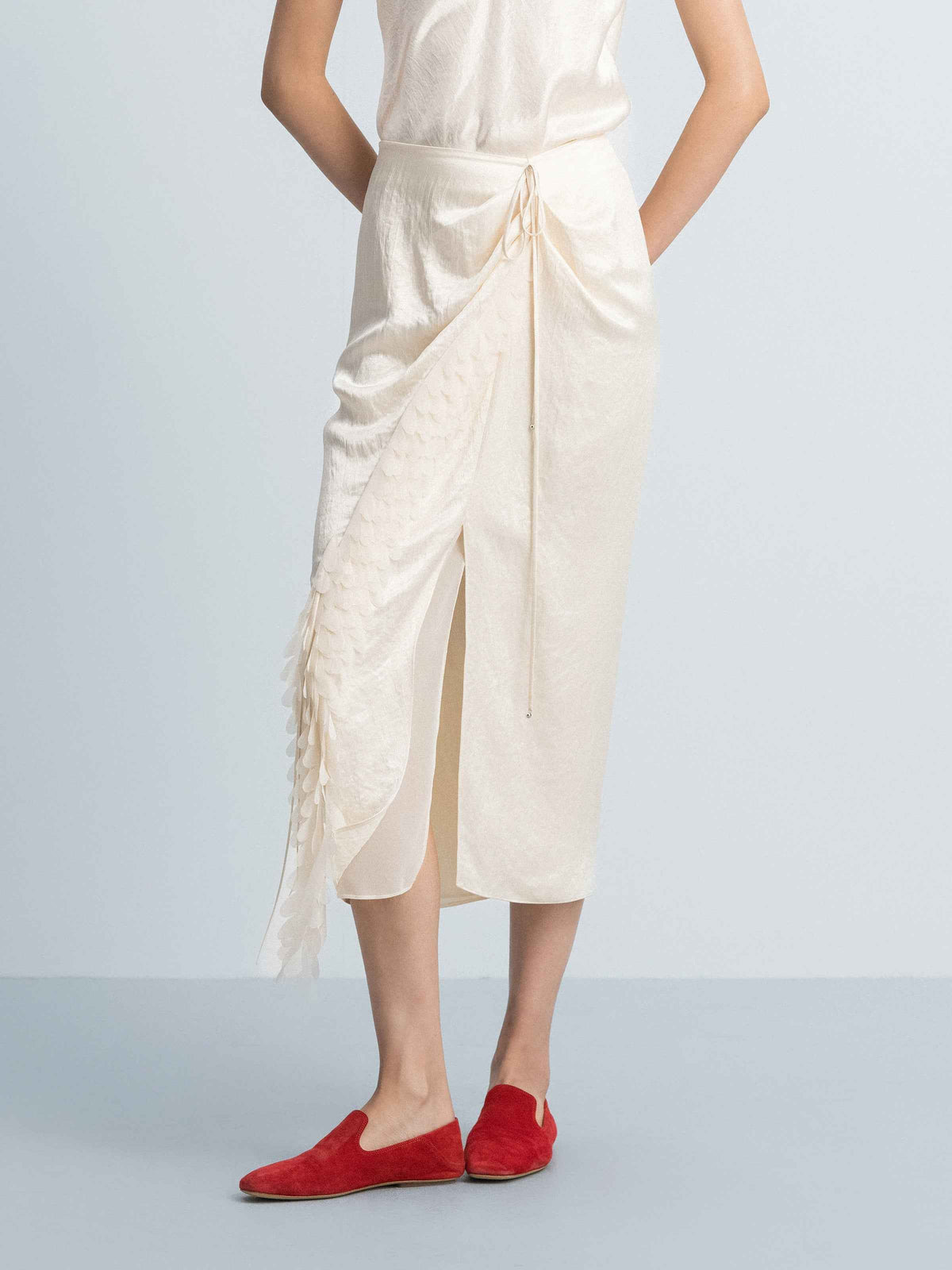 Cream White Acetate Ruched Waist Front Slit Midi Skirt