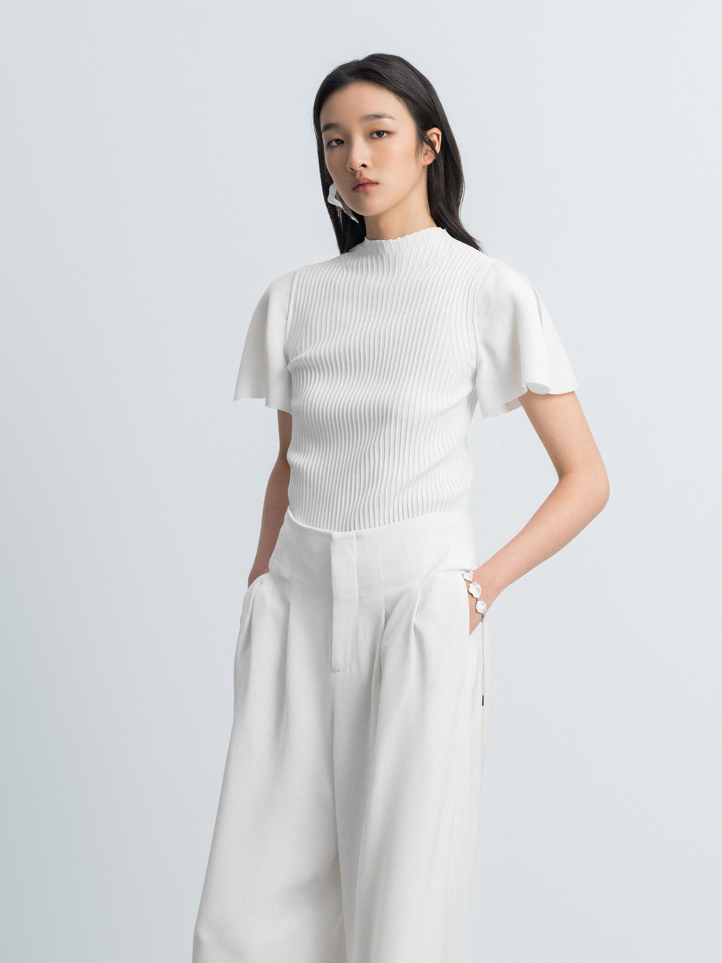 Cream White Silk Knit Patchwork Ruffle Sleeve Top