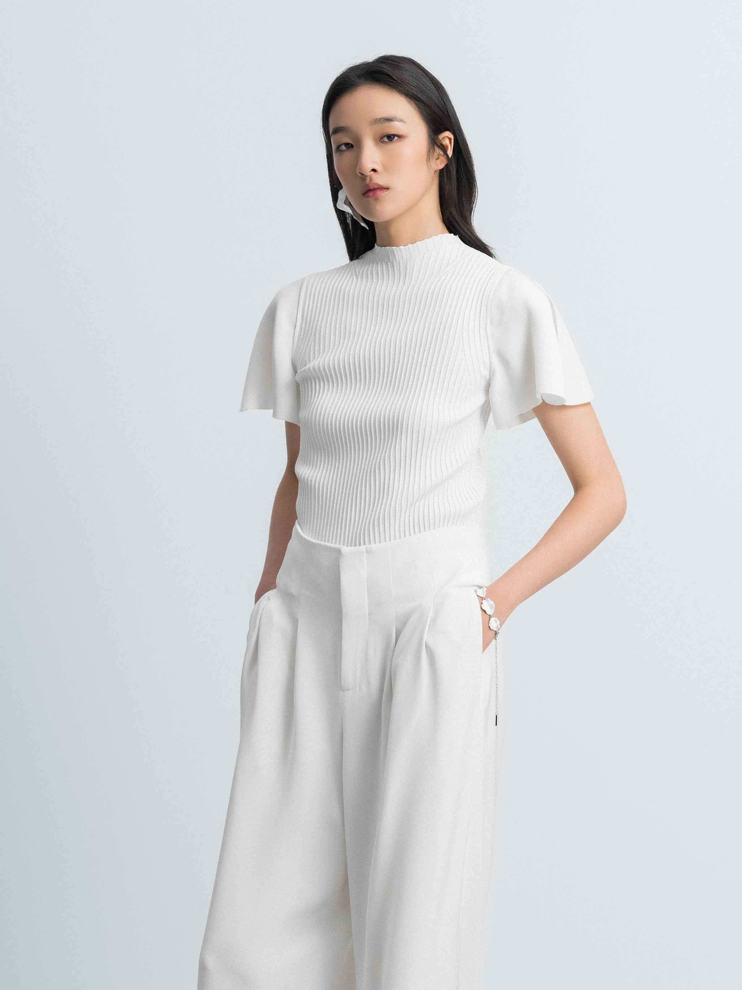 Cream White Silk Knit Patchwork Ruffle Sleeve Top