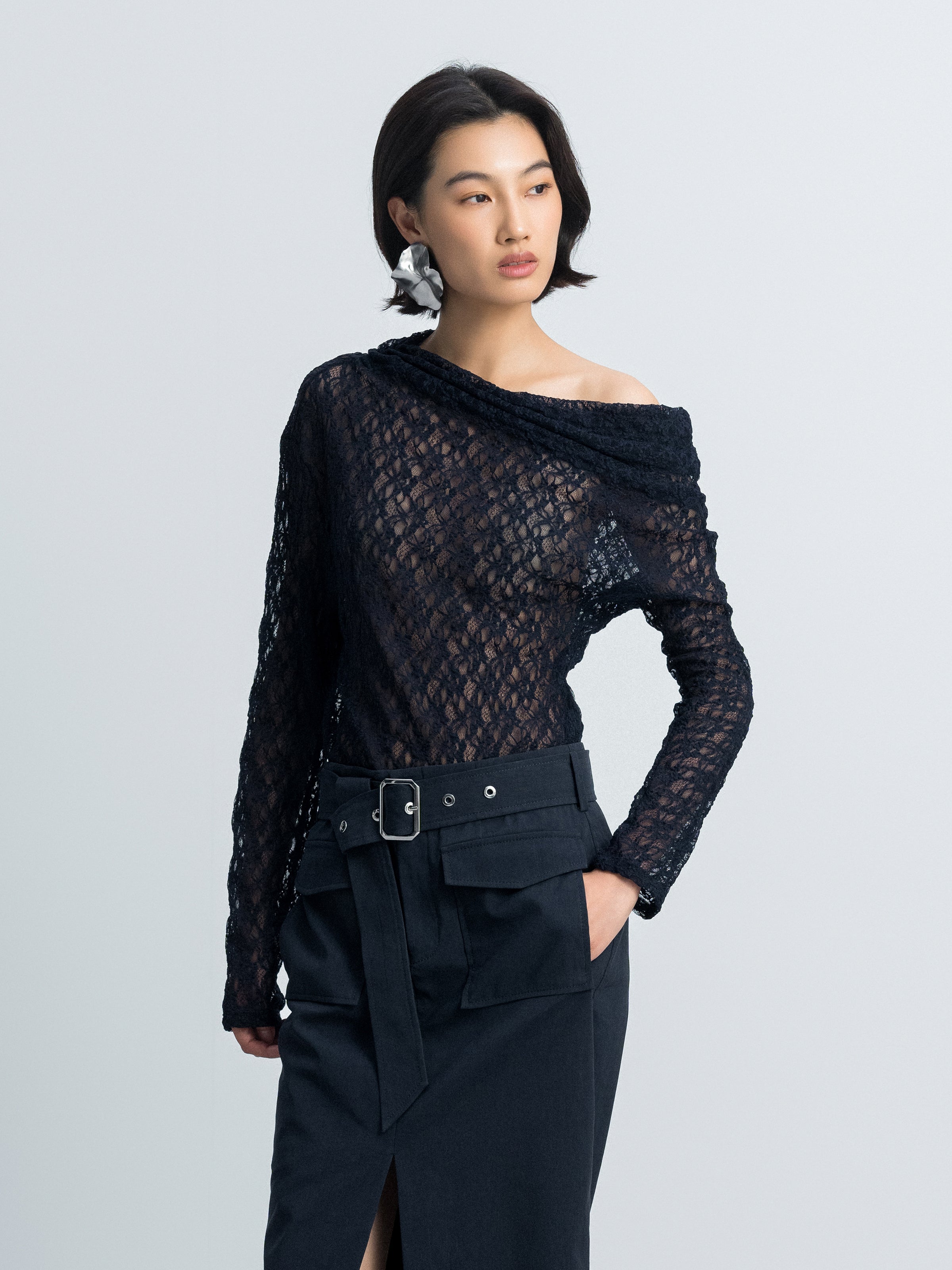 Navy Blue Stretch Lace One-Shoulder Fitted Long-Sleeve Top