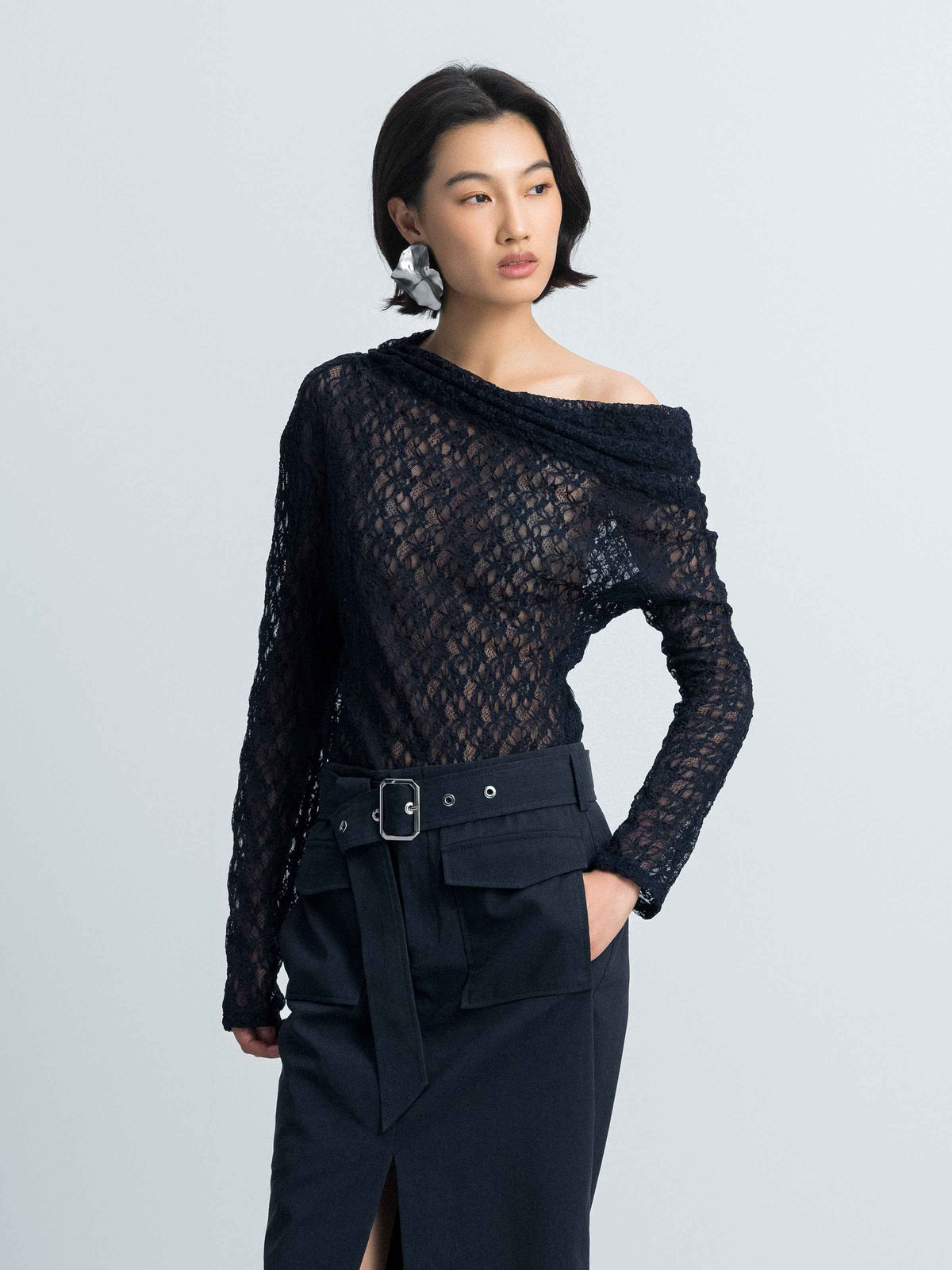 Navy Blue Stretch Lace One-Shoulder Fitted Long-Sleeve Top