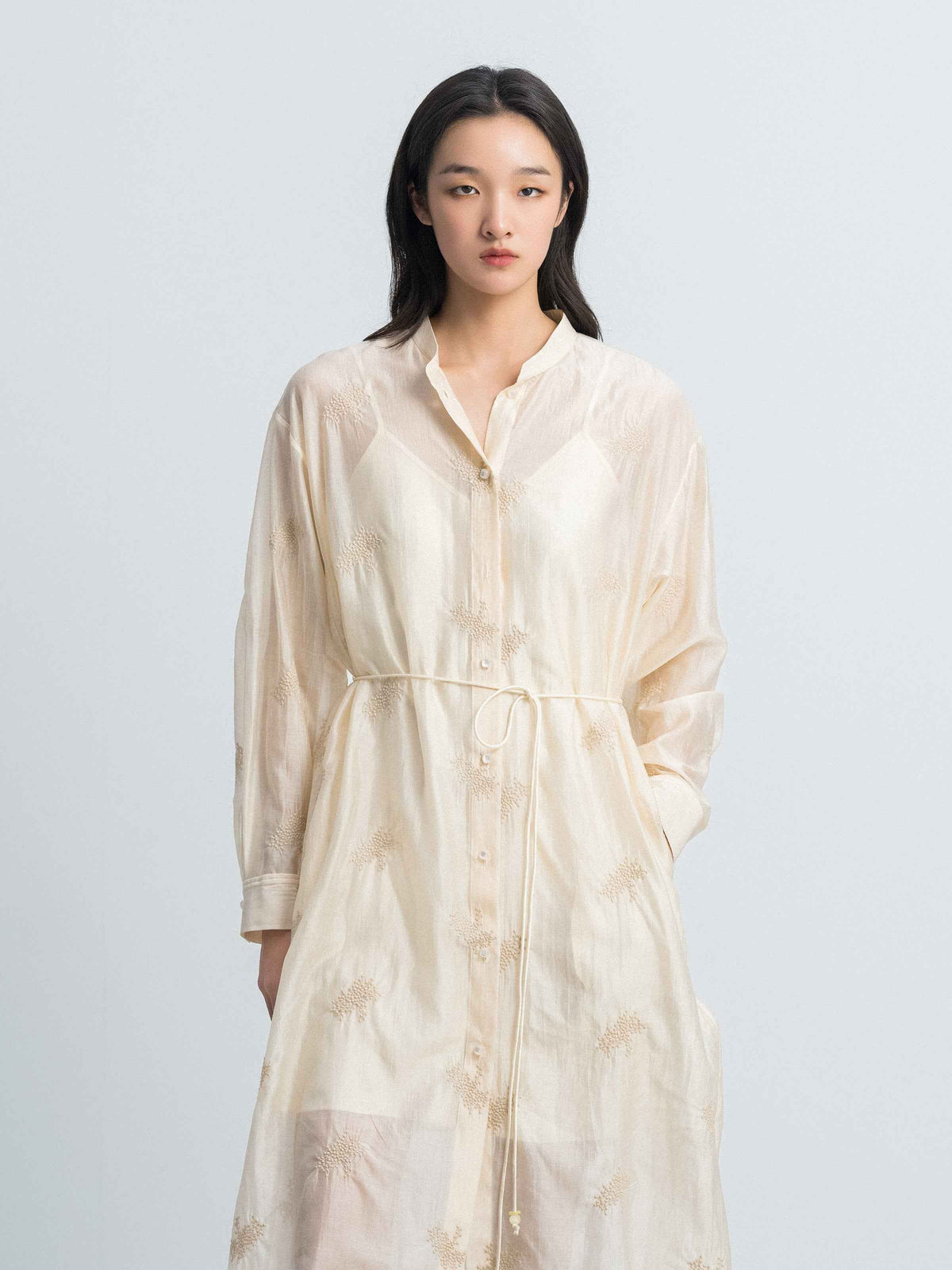 Beige Yellow Lyocell Blend Stand Collar Belt Waist Dress