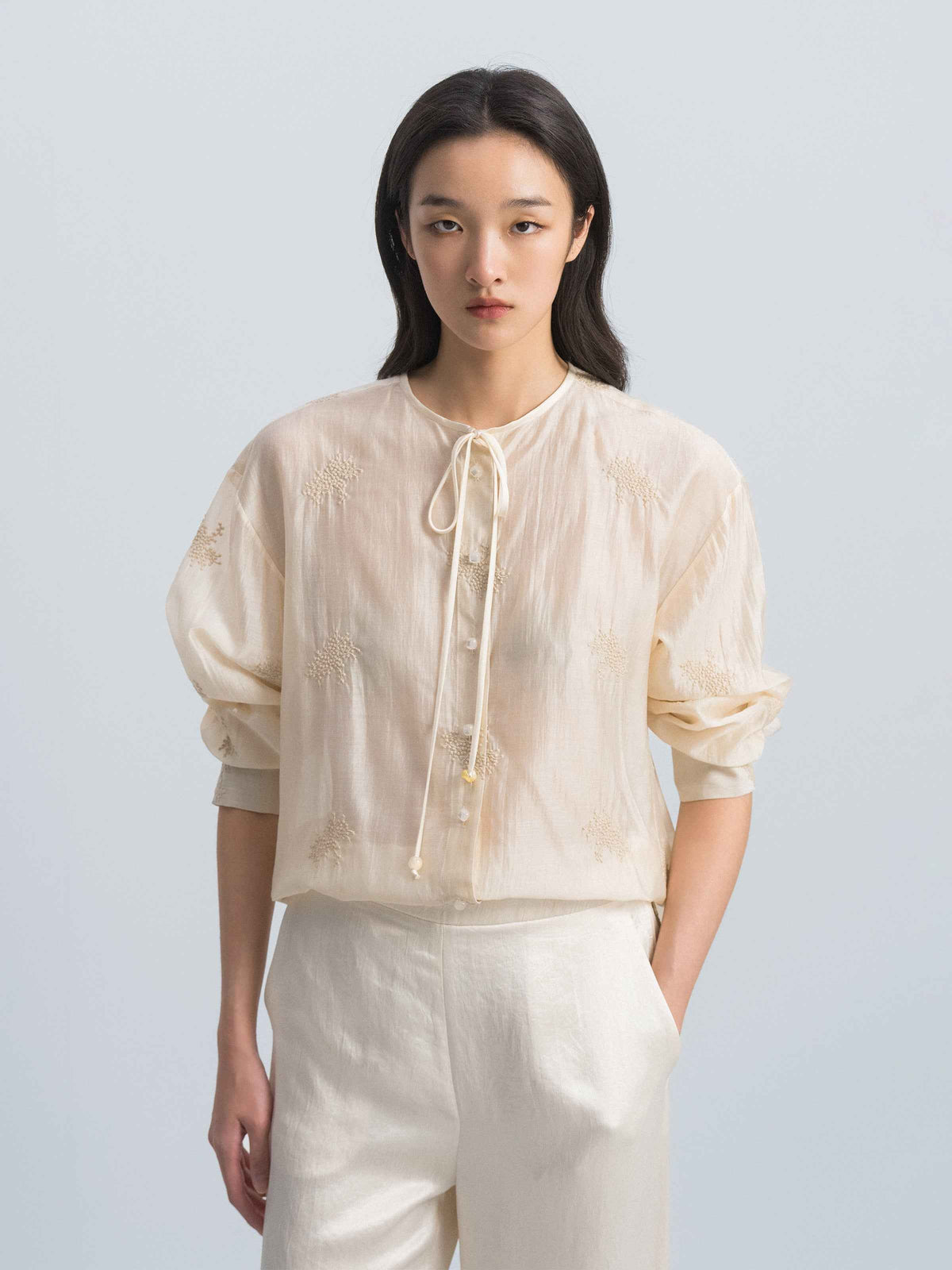 Beige Yellow Lyocell Blend Round Neck Bow Tie Shirt