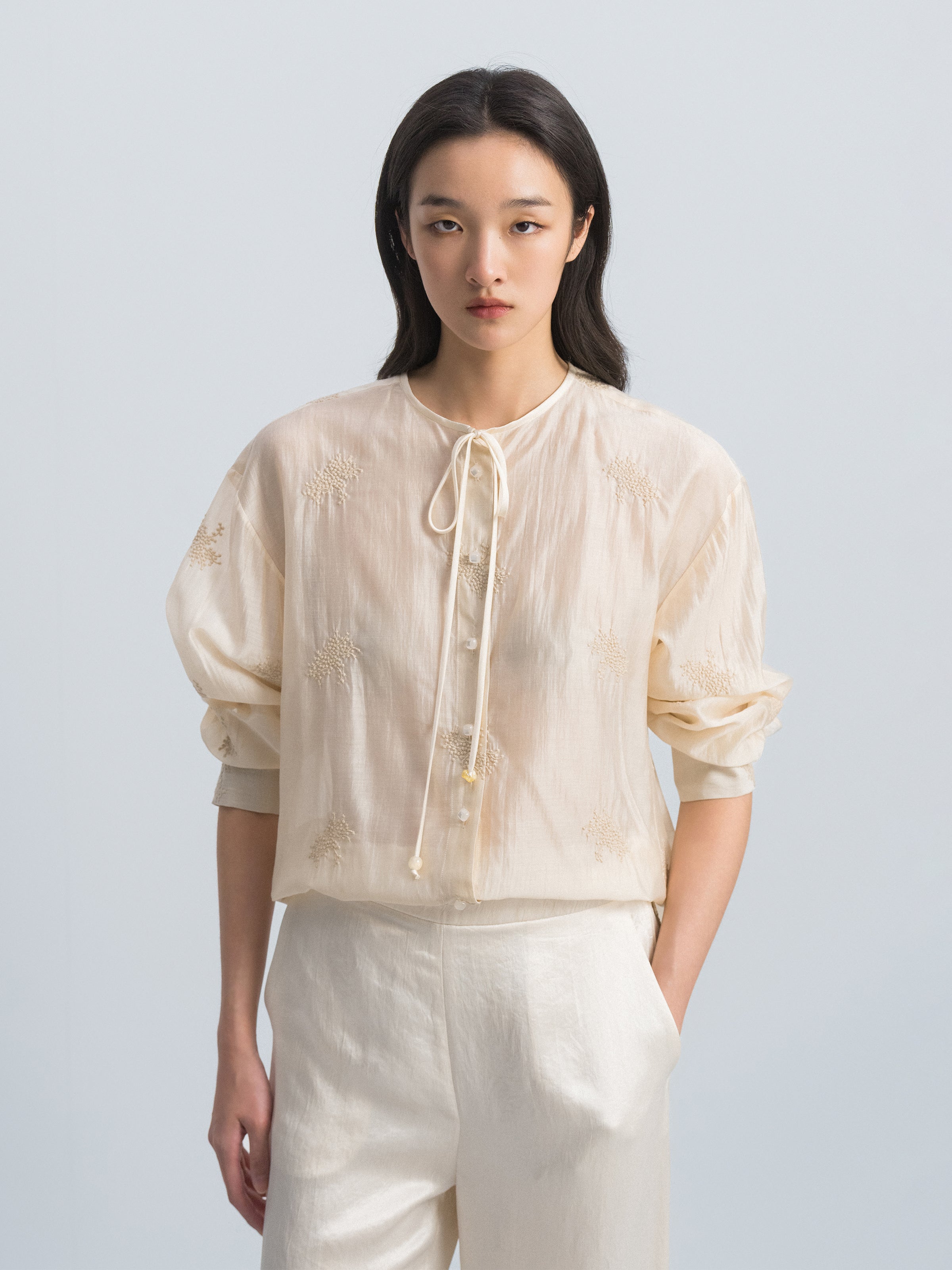 Beige Yellow Lyocell Blend Round Neck Bow Tie Shirt