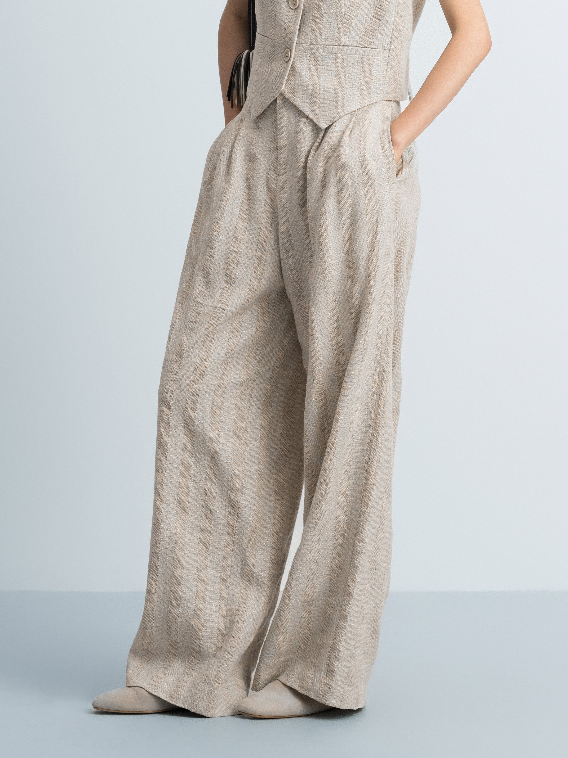 Beige Linen Cotton Striped Relaxed Wide-Leg Trousers