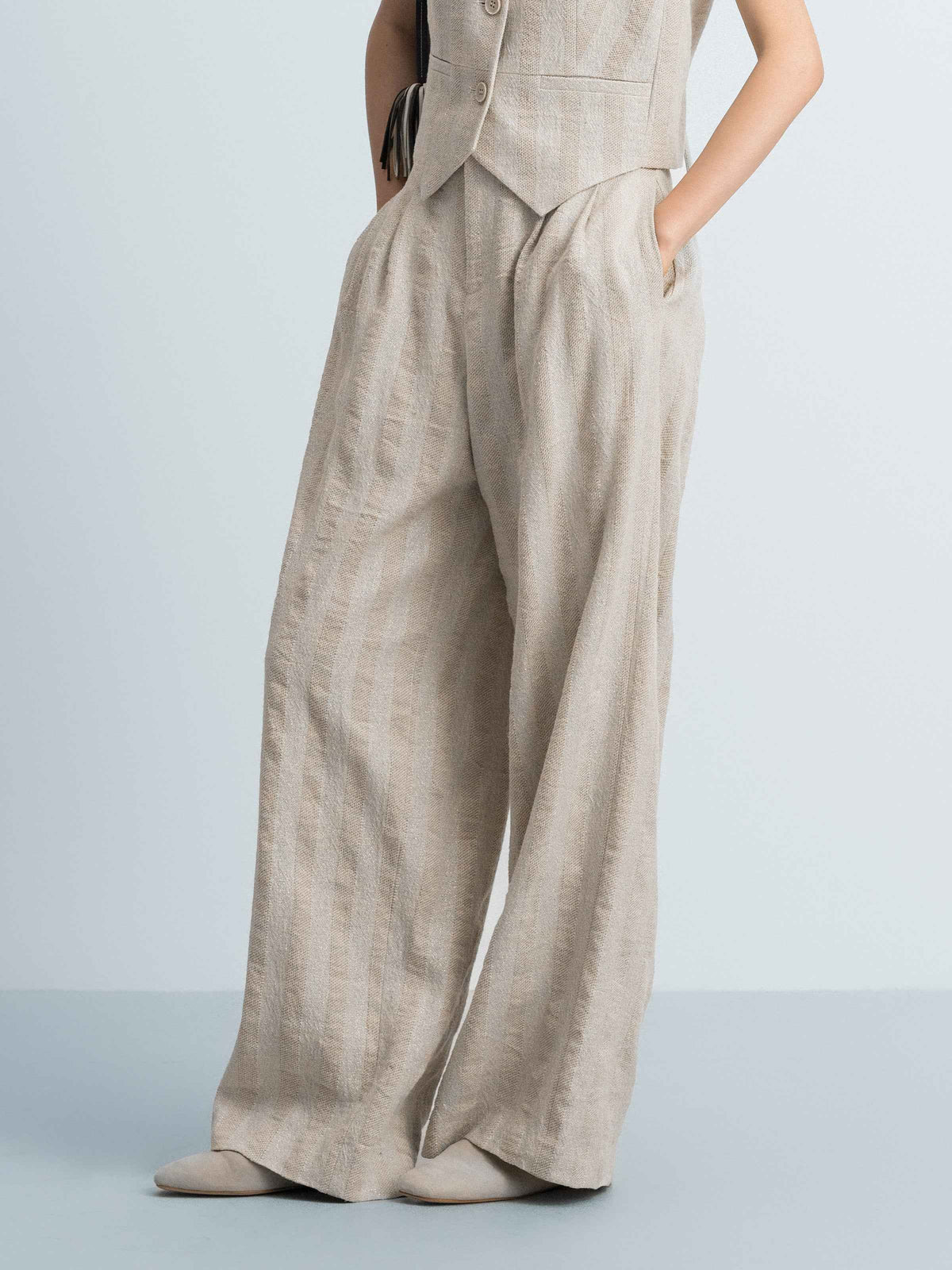 Beige Linen Cotton Striped Relaxed Wide-Leg Trousers