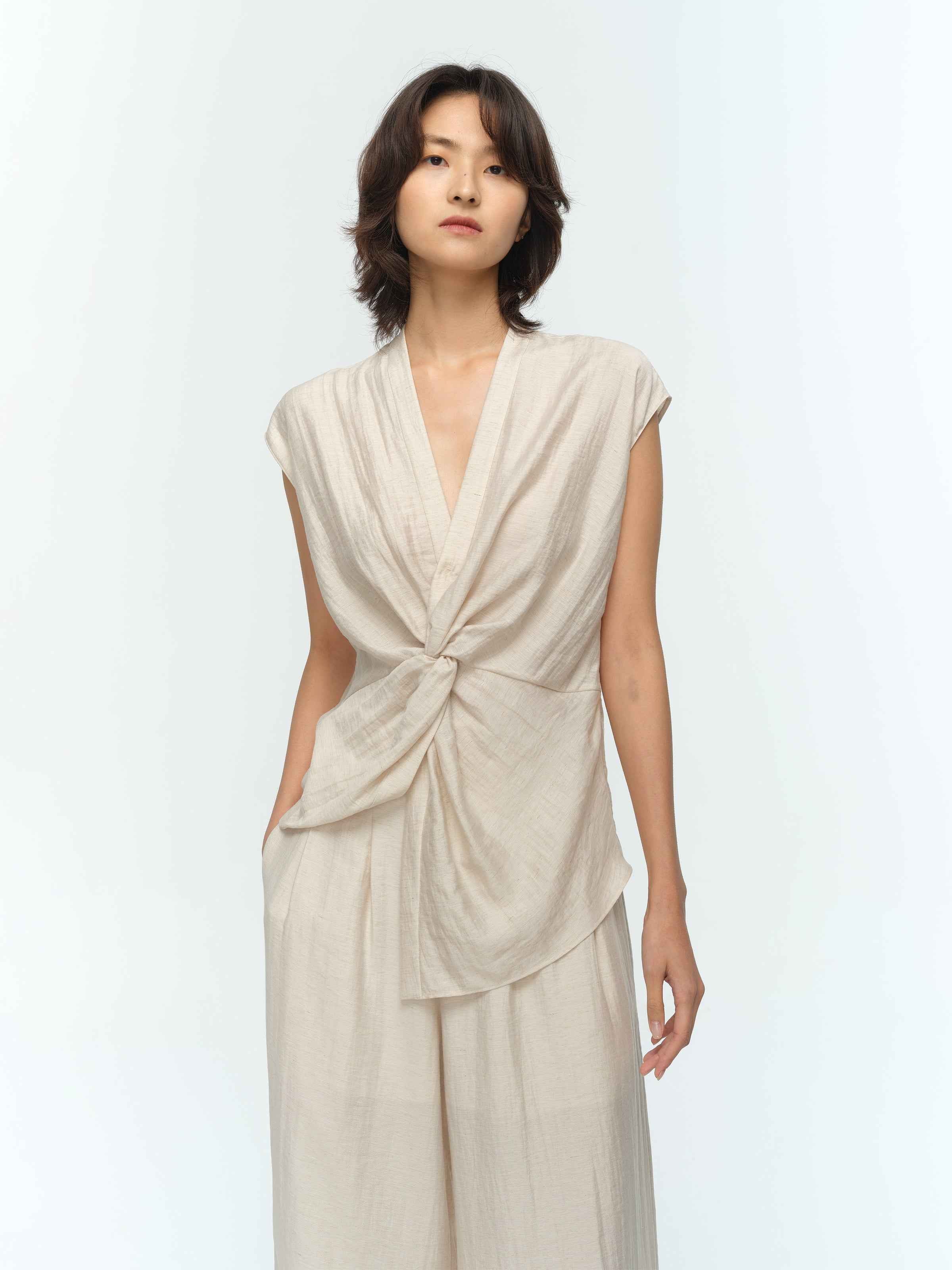 Cream White Linen V-Neck Knot Chest Asymmetric Top