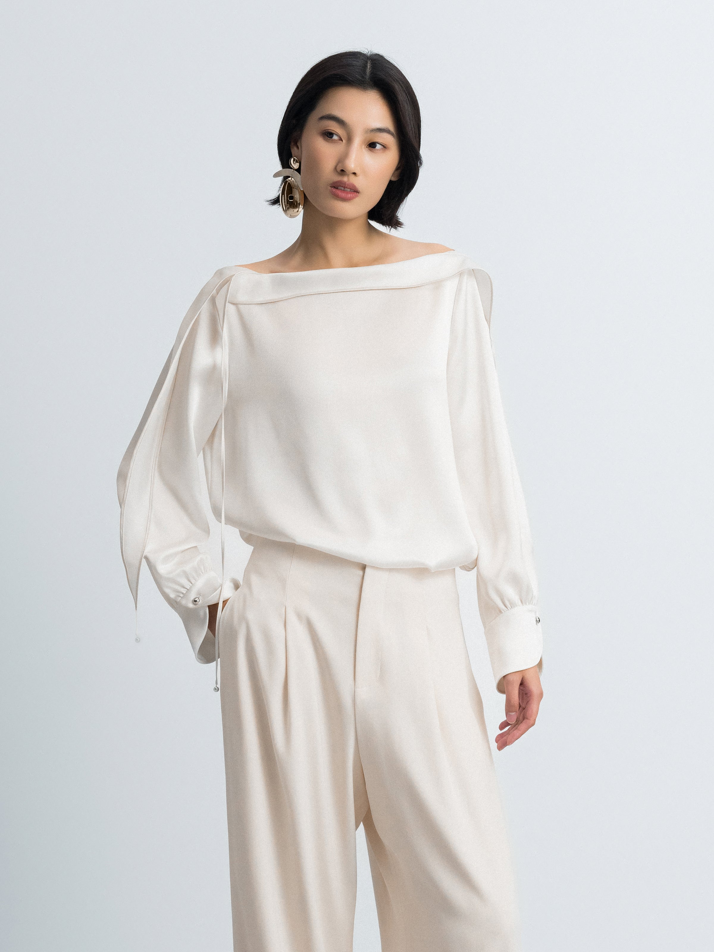 Cream White Acetate Satin Boat Neck Crossover Top