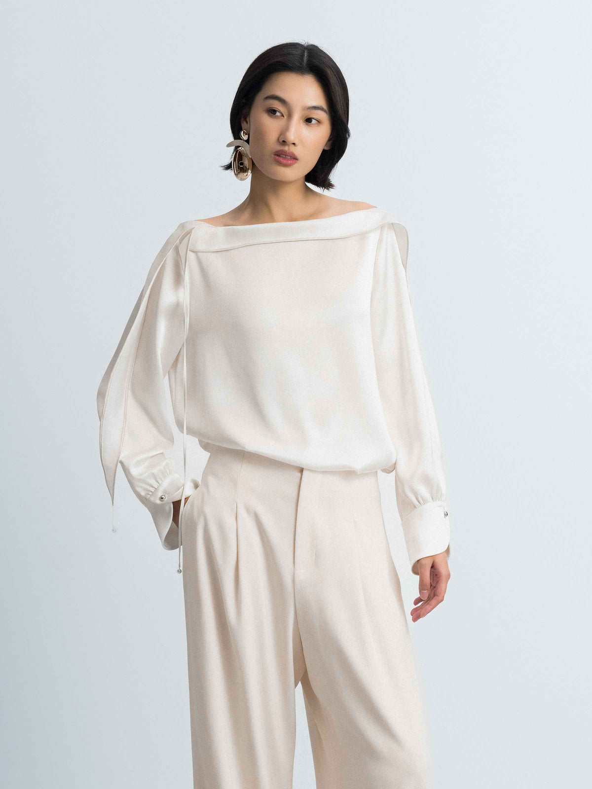 Cream White Acetate Satin Boat Neck Crossover Top
