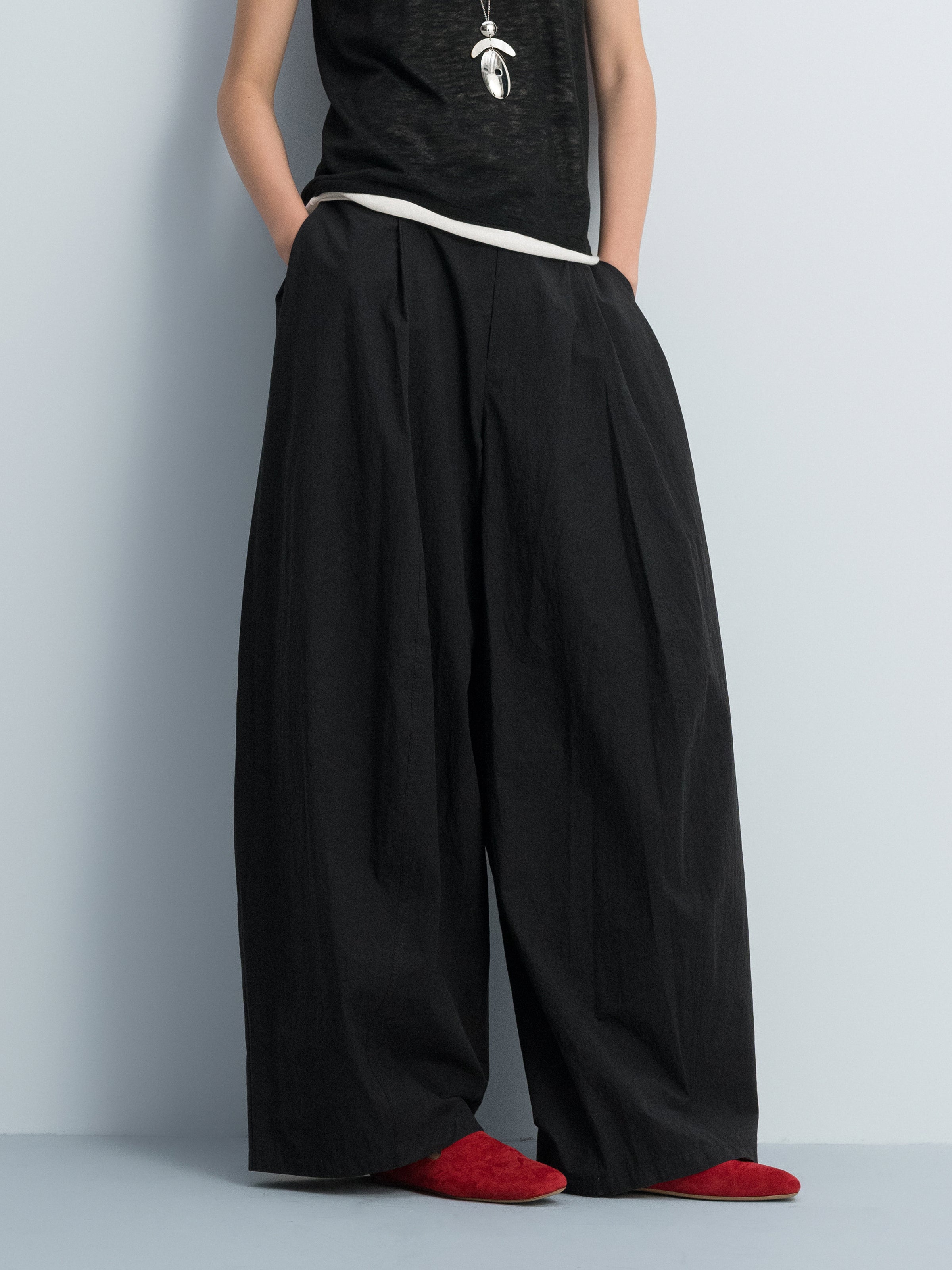 Black Washed Pima Cotton Tapered Pocket Flap Trousers