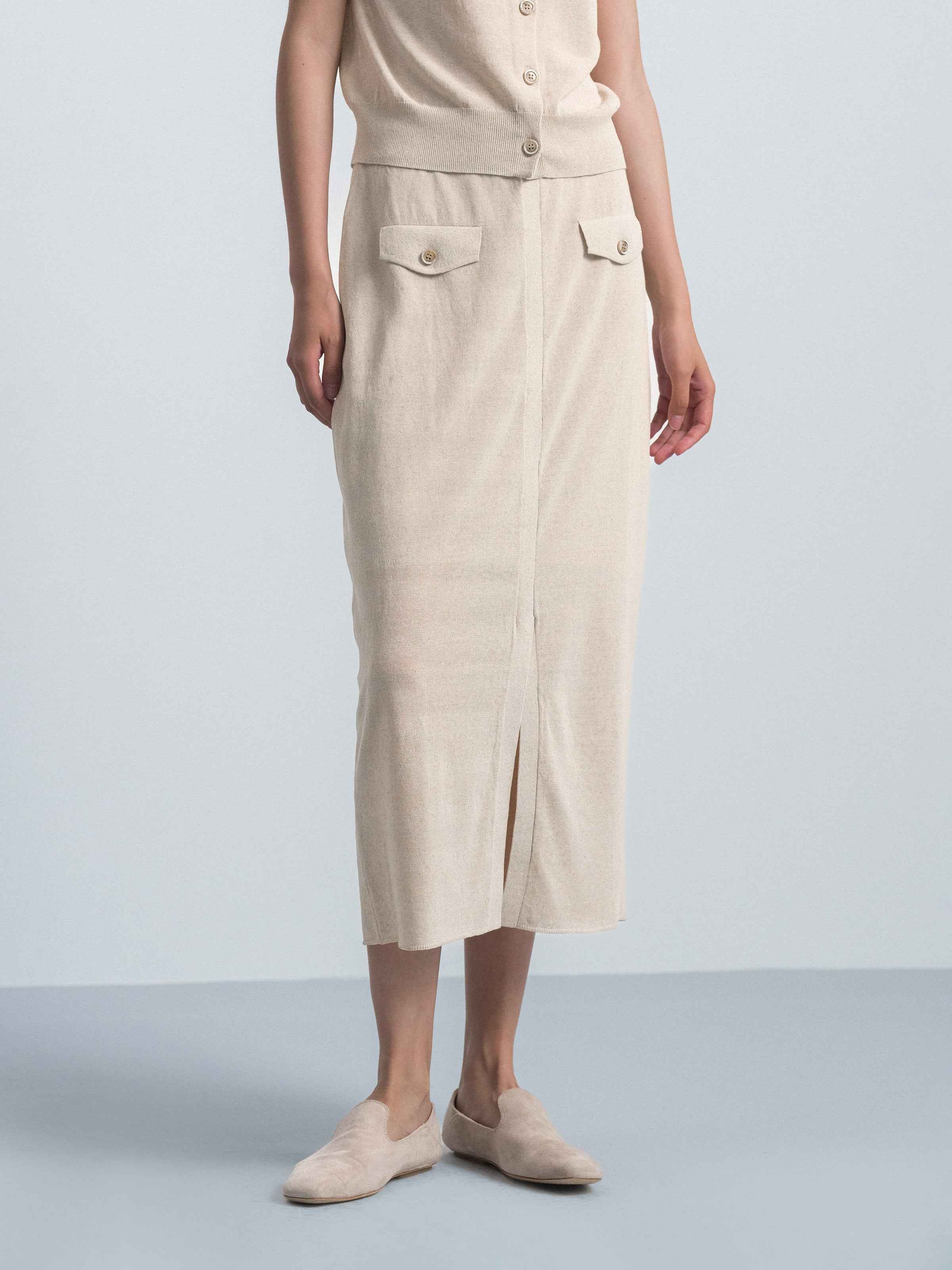 Beige Cotton Linen Knit Straight Patch Pocket Midi Skirt
