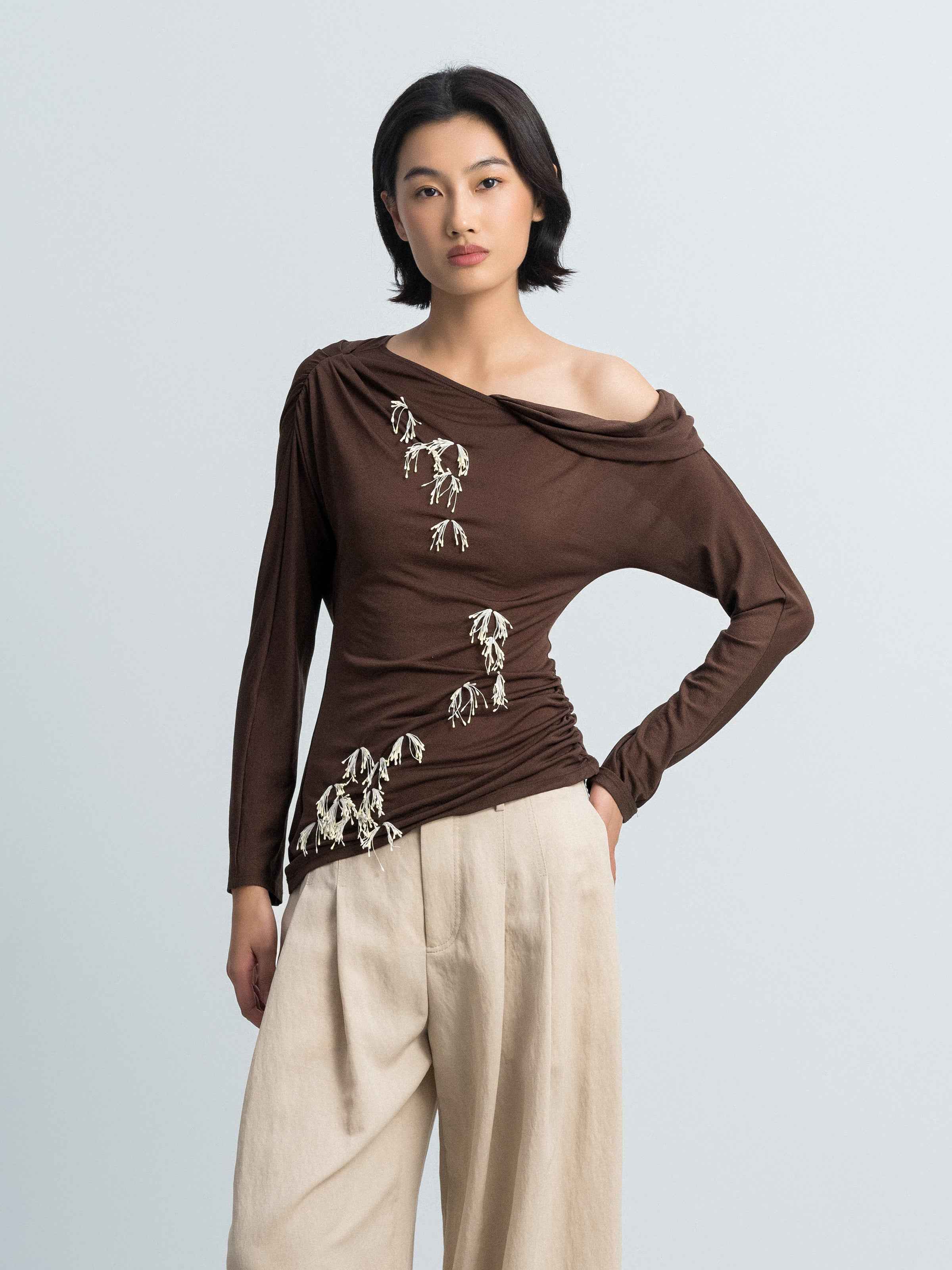 Brown Acetate Poly Knit Shoulder Ruching Diagonal Hem Top