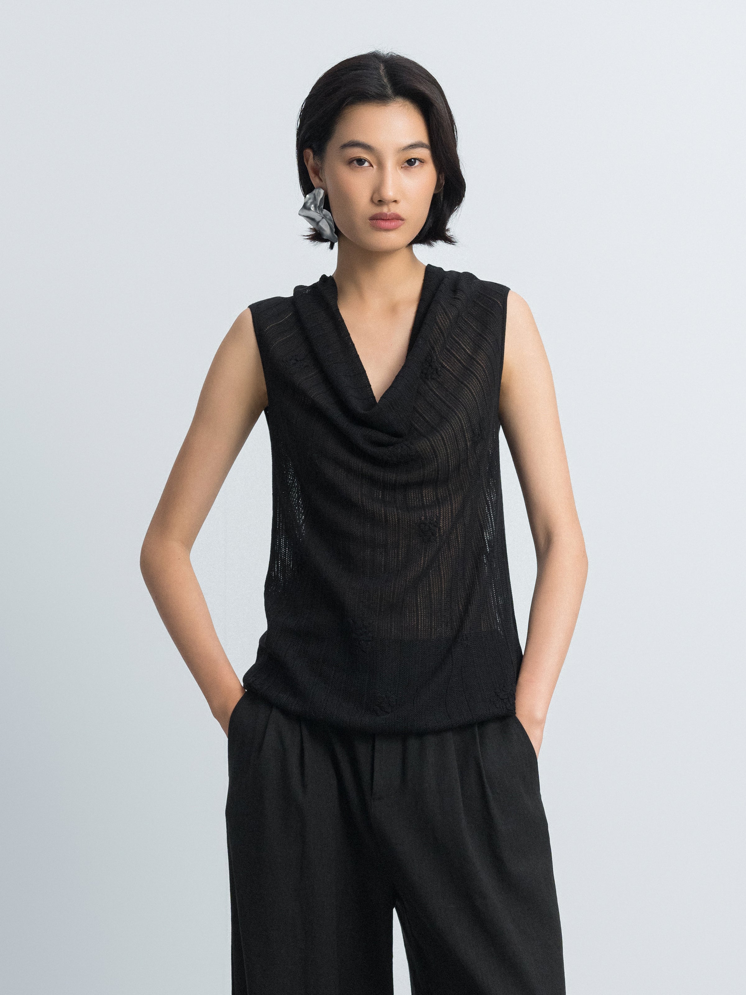 Black Triacetate Tencel One-Shoulder Jacquard Knit Sweater