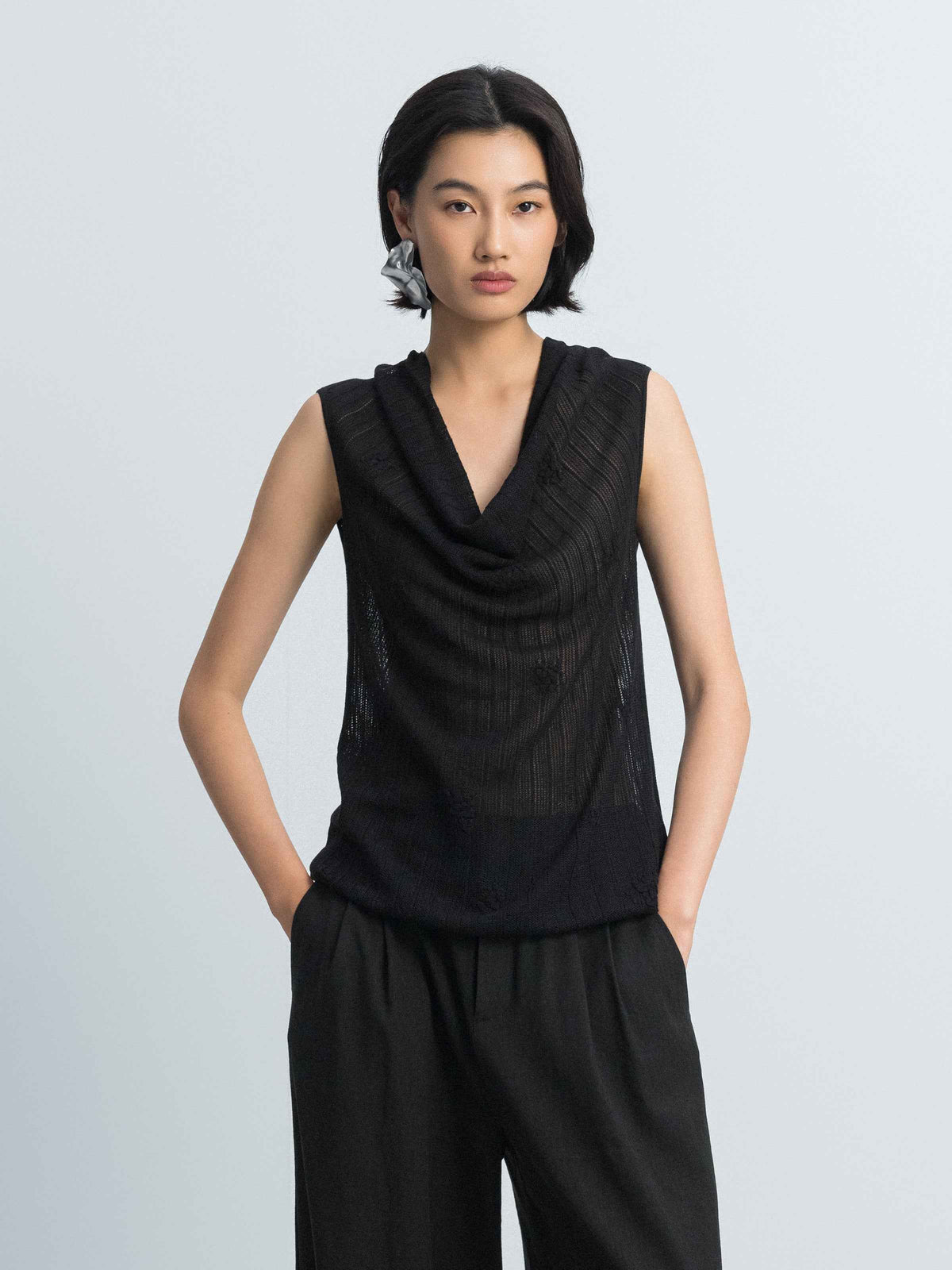 Black Triacetate Tencel One-Shoulder Jacquard Knit Sweater