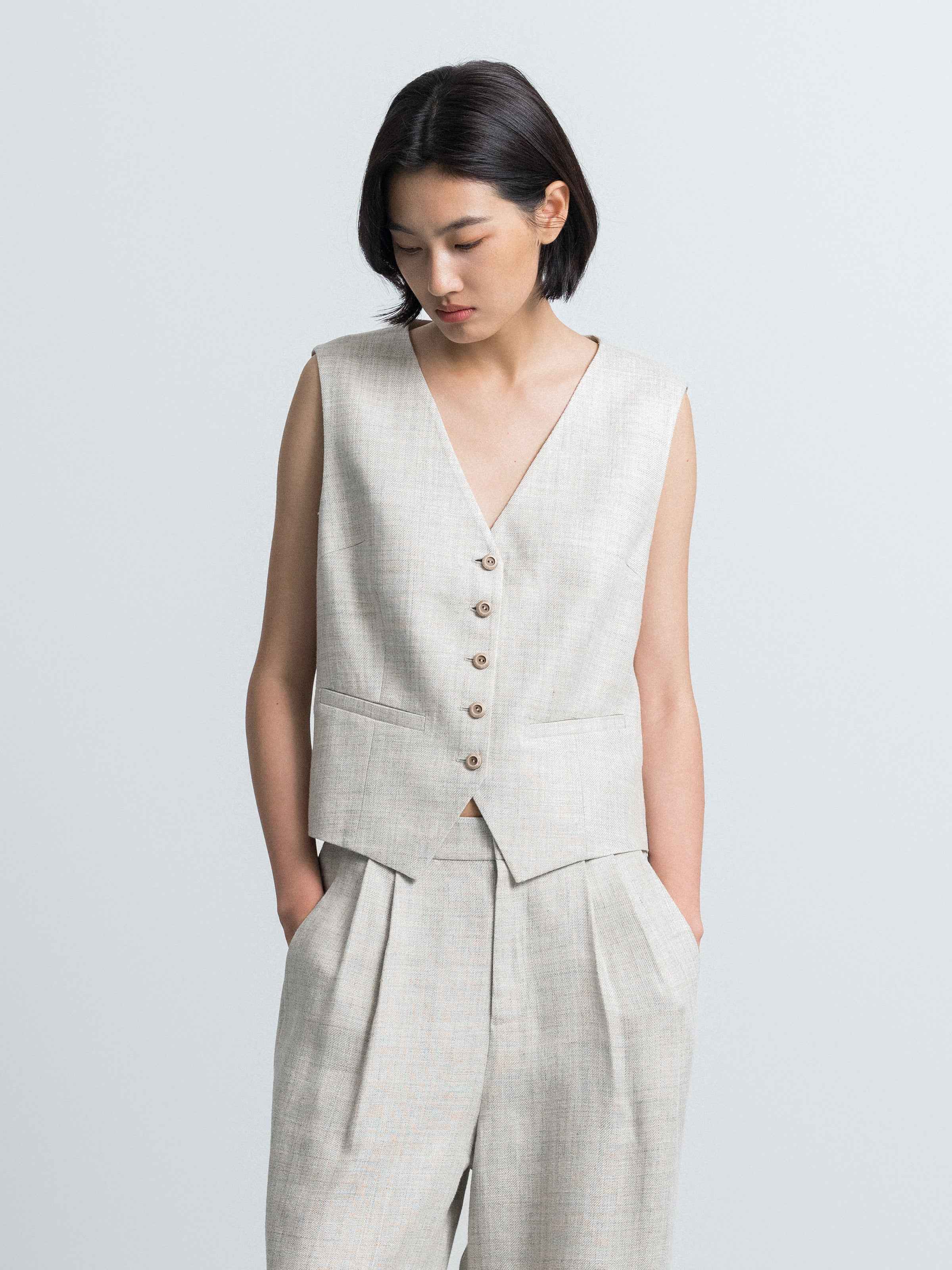 Light Gray Linen Viscose Cropped V-Neck Vest