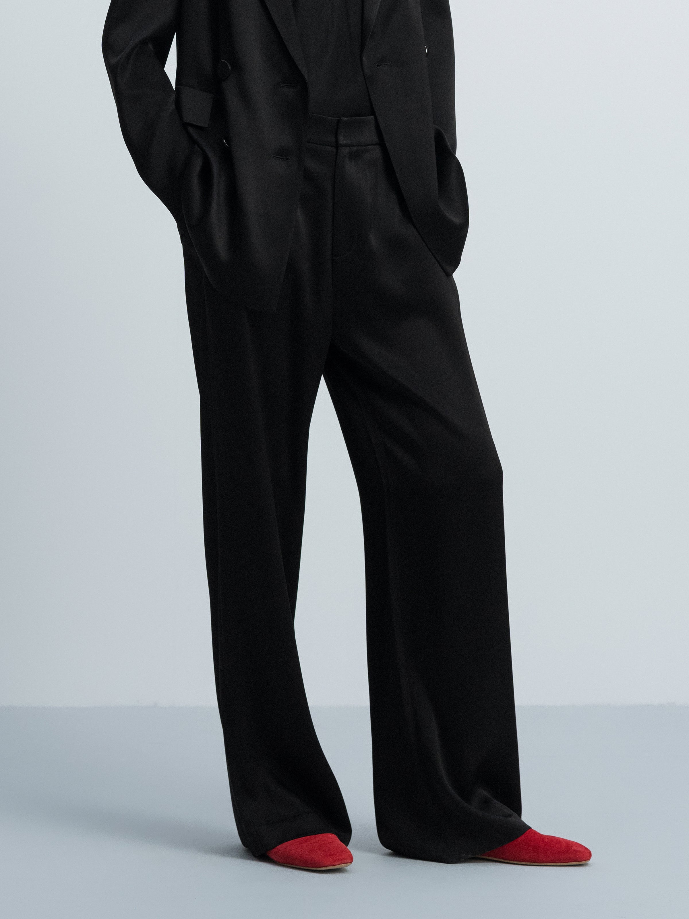 Black Triacetate Breathable Double Pocket Wide-Leg Trousers