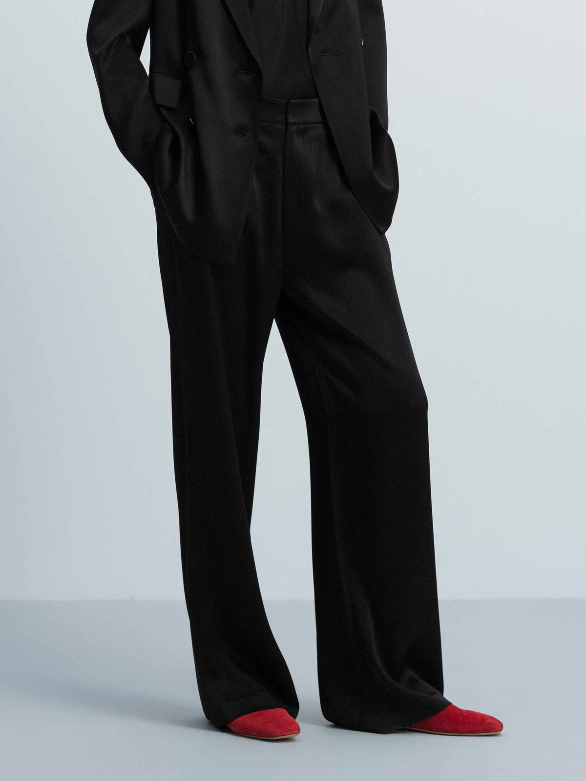 Black Triacetate Breathable Double Pocket Wide-Leg Trousers