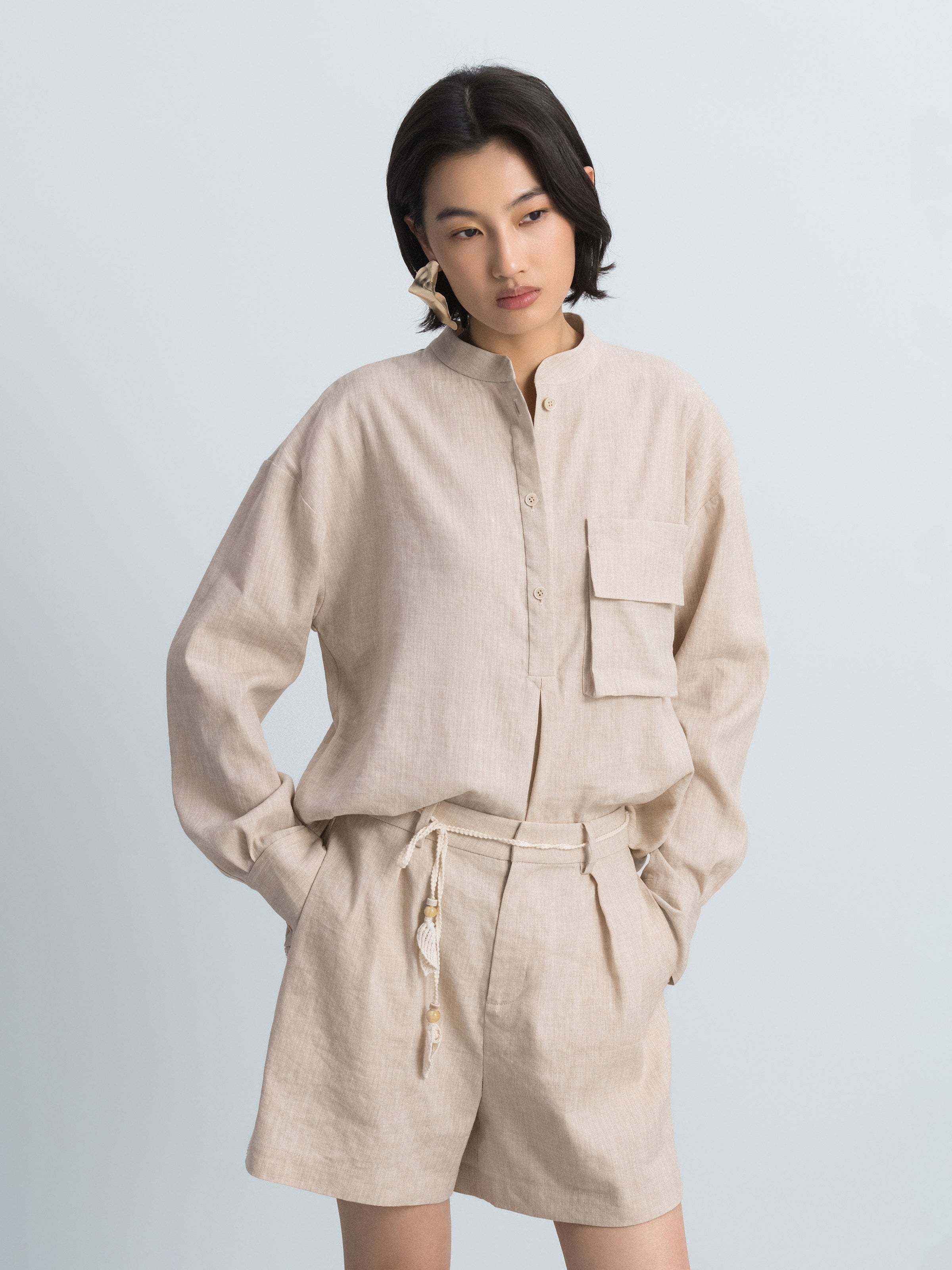 Light Khaki Linen Stand Collar 3D Pocket Long-Sleeve Shirt