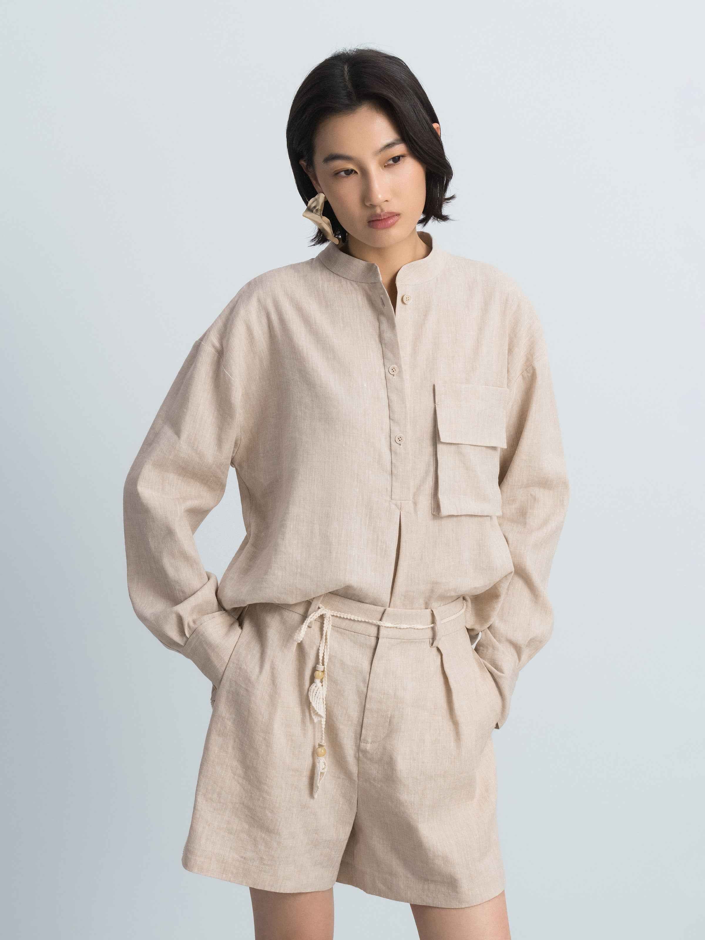 Light Khaki Linen Stand Collar 3D Pocket Long-Sleeve Shirt