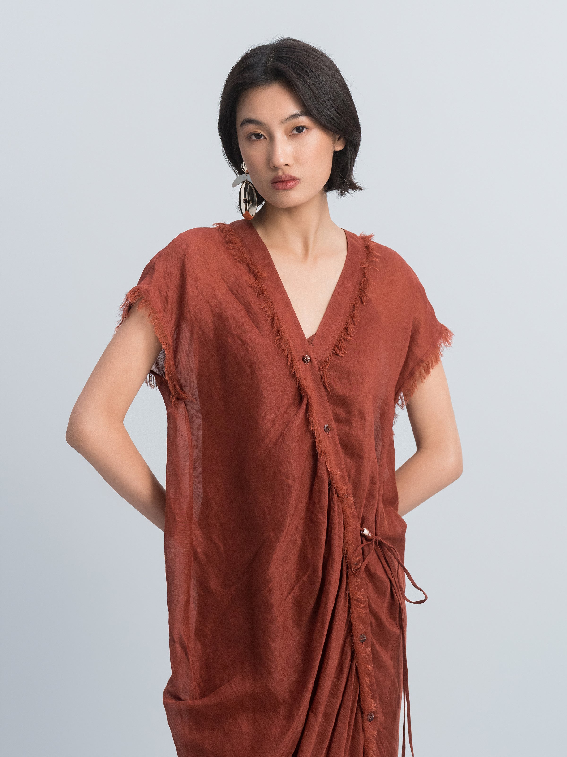 Dark Red Silk Linen Bead Tie V-Neck Cap Sleeve Dress