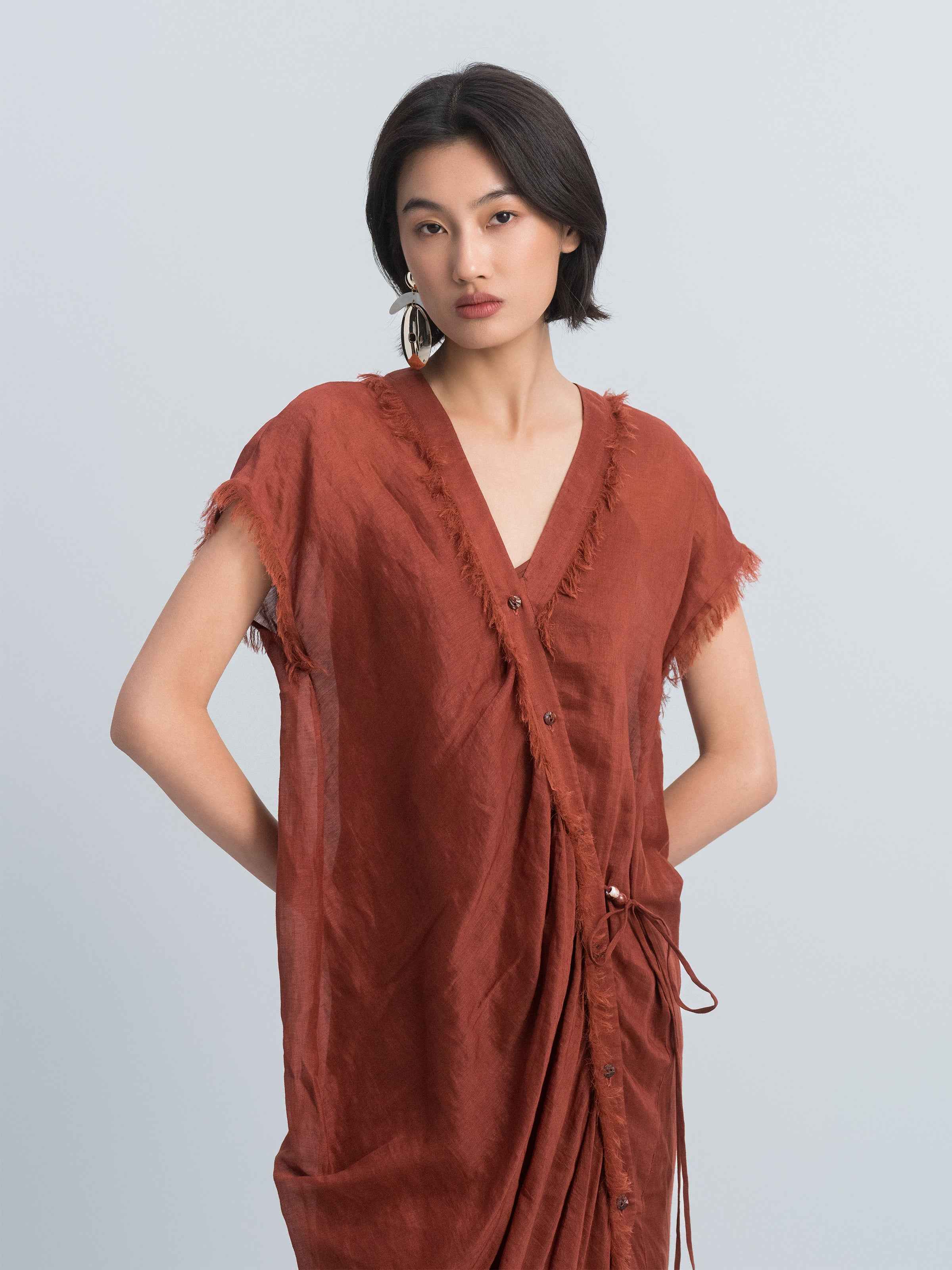 Dark Red Silk Linen Bead Tie V-Neck Cap Sleeve Dress