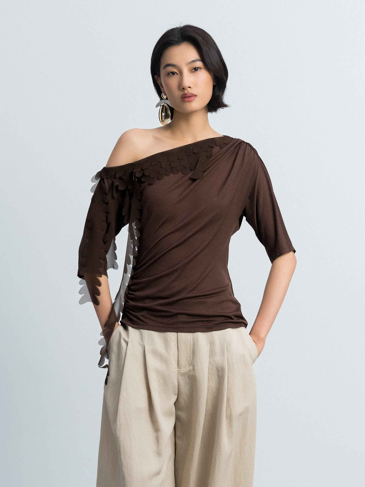 Brown Acetate Poly Knit One-Shoulder Ruching Elbow-Sleeve Top