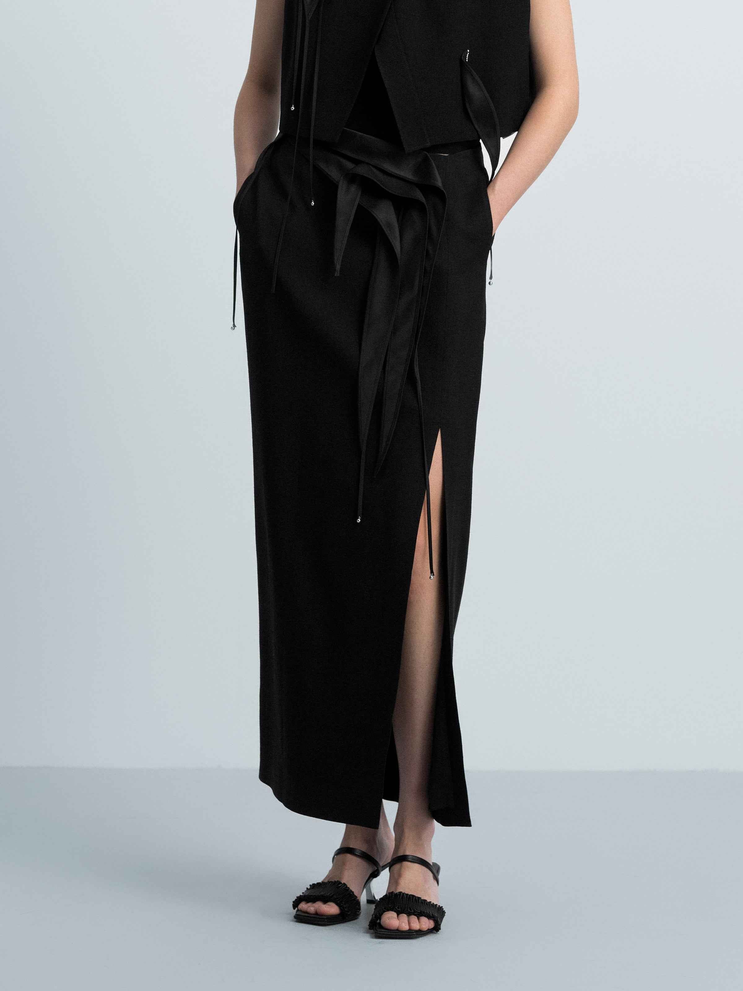 Black Diacetate Linen Weave Front Slit Straight Midi Skirt