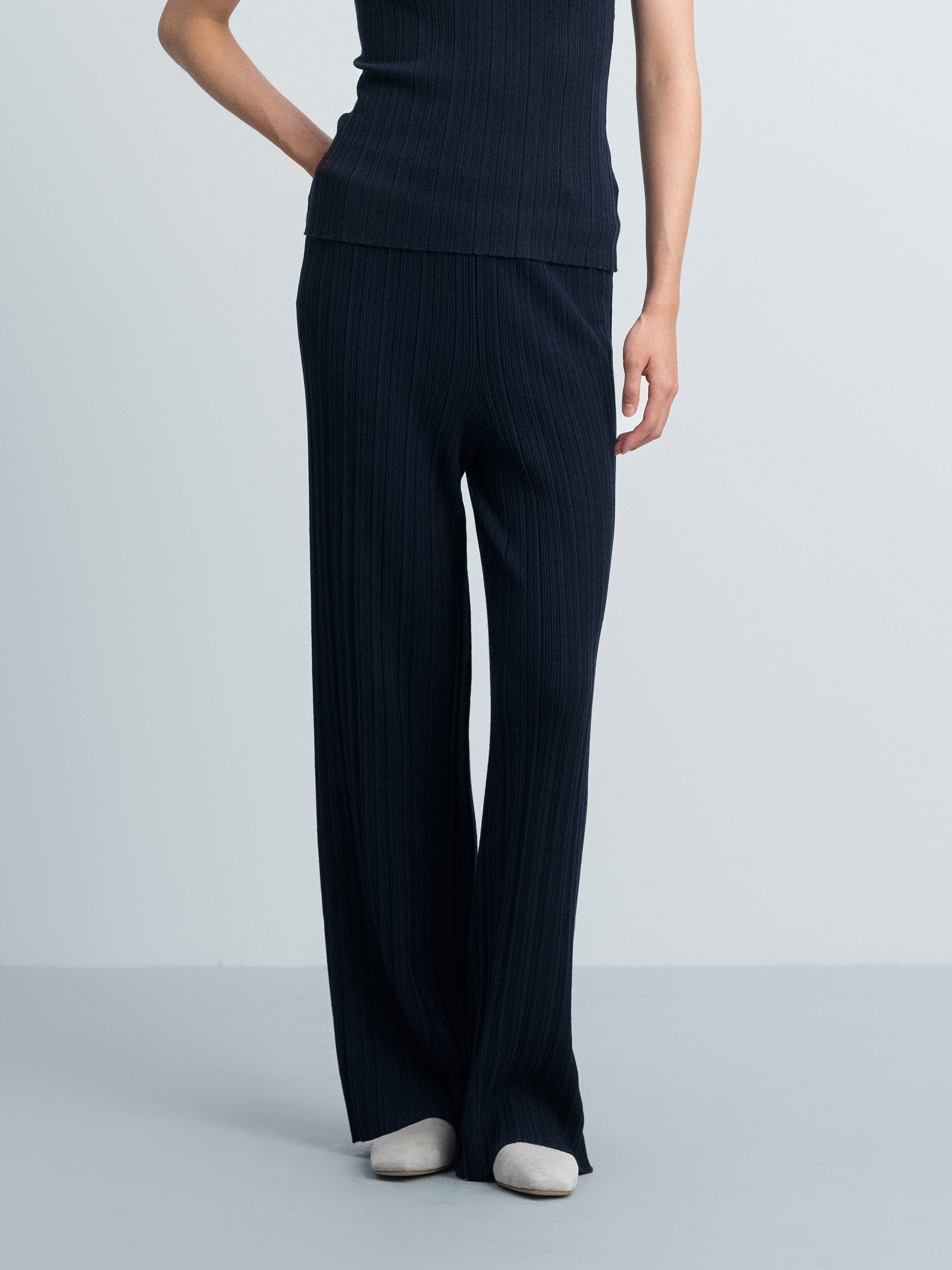 Navy Blue Tencel Acetate Straight Leg Minimalist Knit Trousers