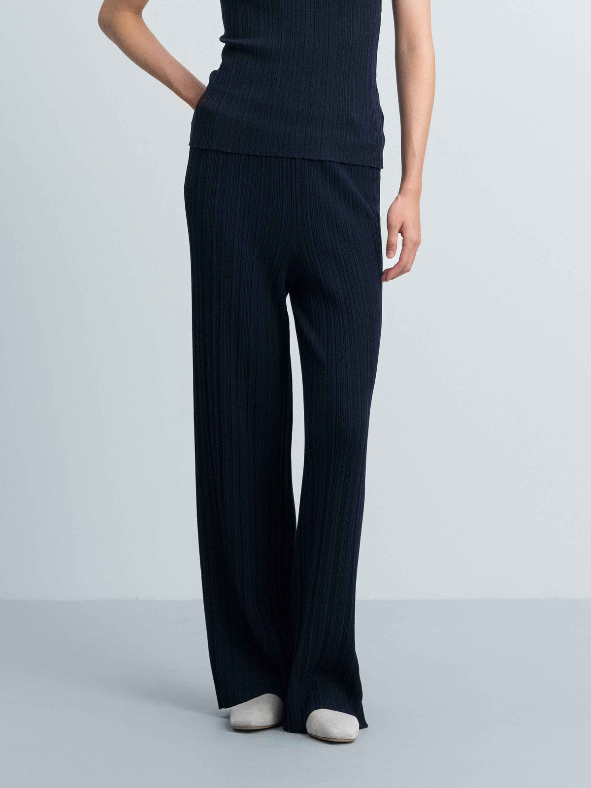 Navy Blue Tencel Acetate Straight Leg Minimalist Knit Trousers