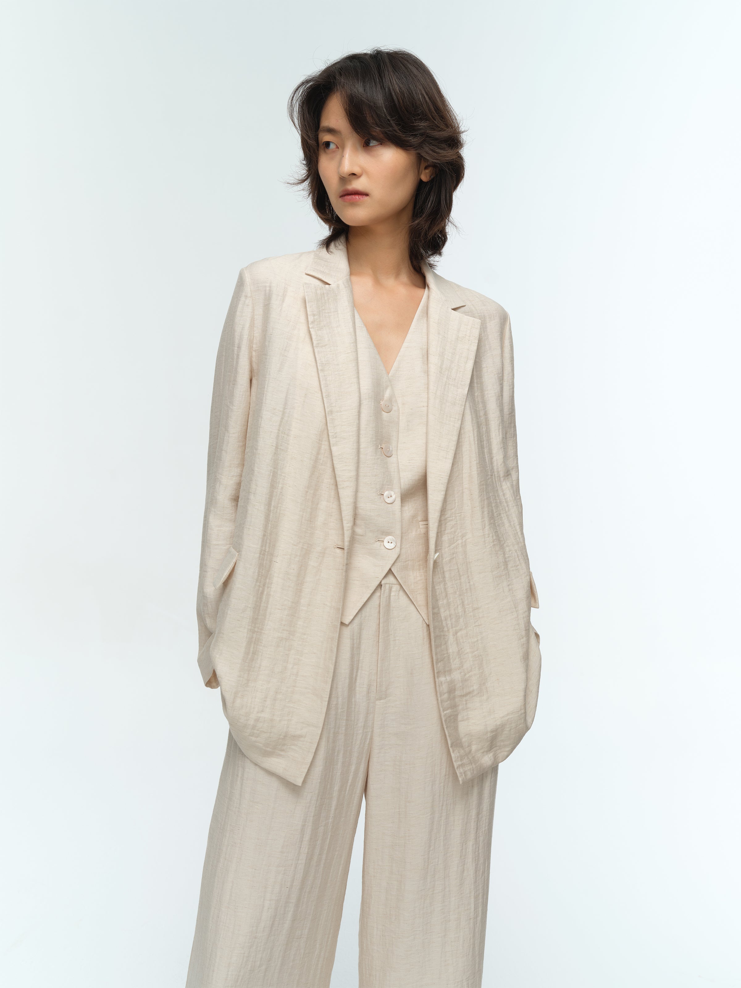 Cream White Linen Shell Button Straight Blazer