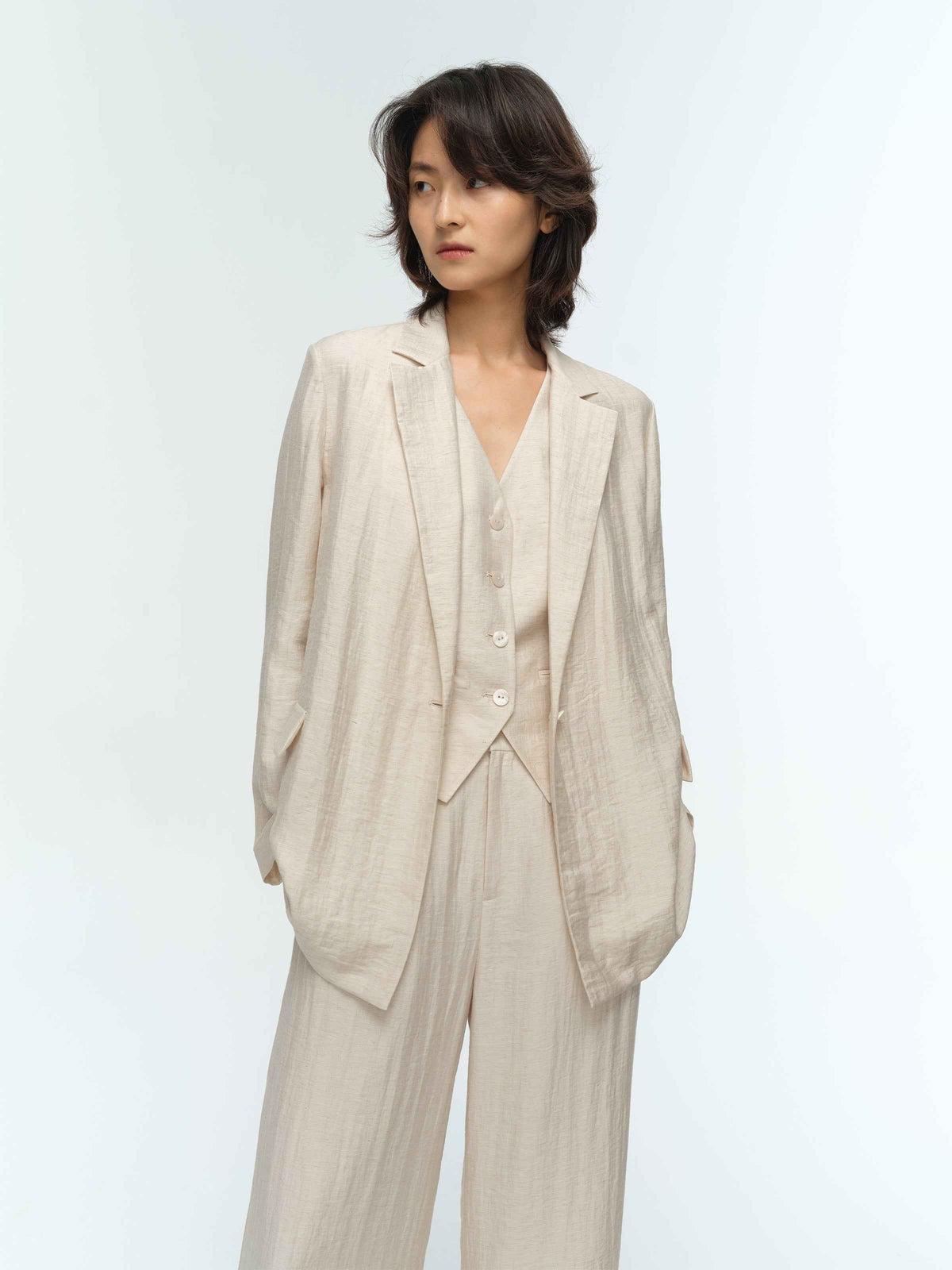 Cream White Linen Shell Button Straight Blazer