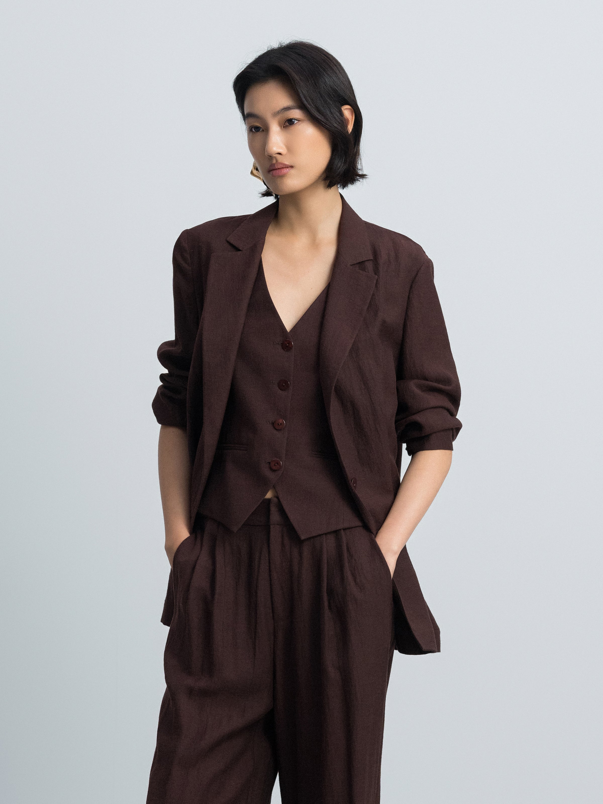 Coffee Brown Linen Blend Straight Notch Lapel Blazer