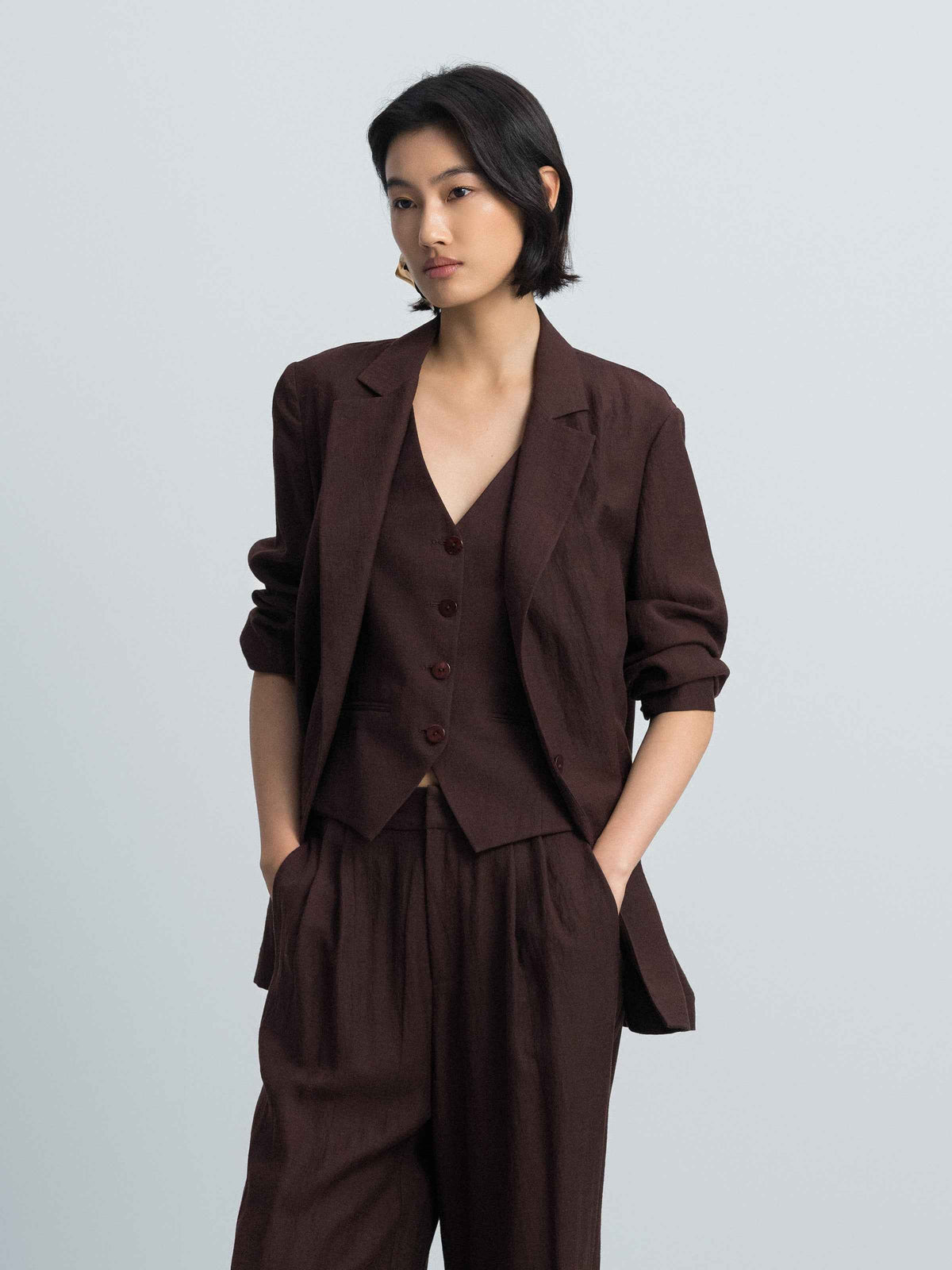 Coffee Brown Linen Blend Straight Notch Lapel Blazer