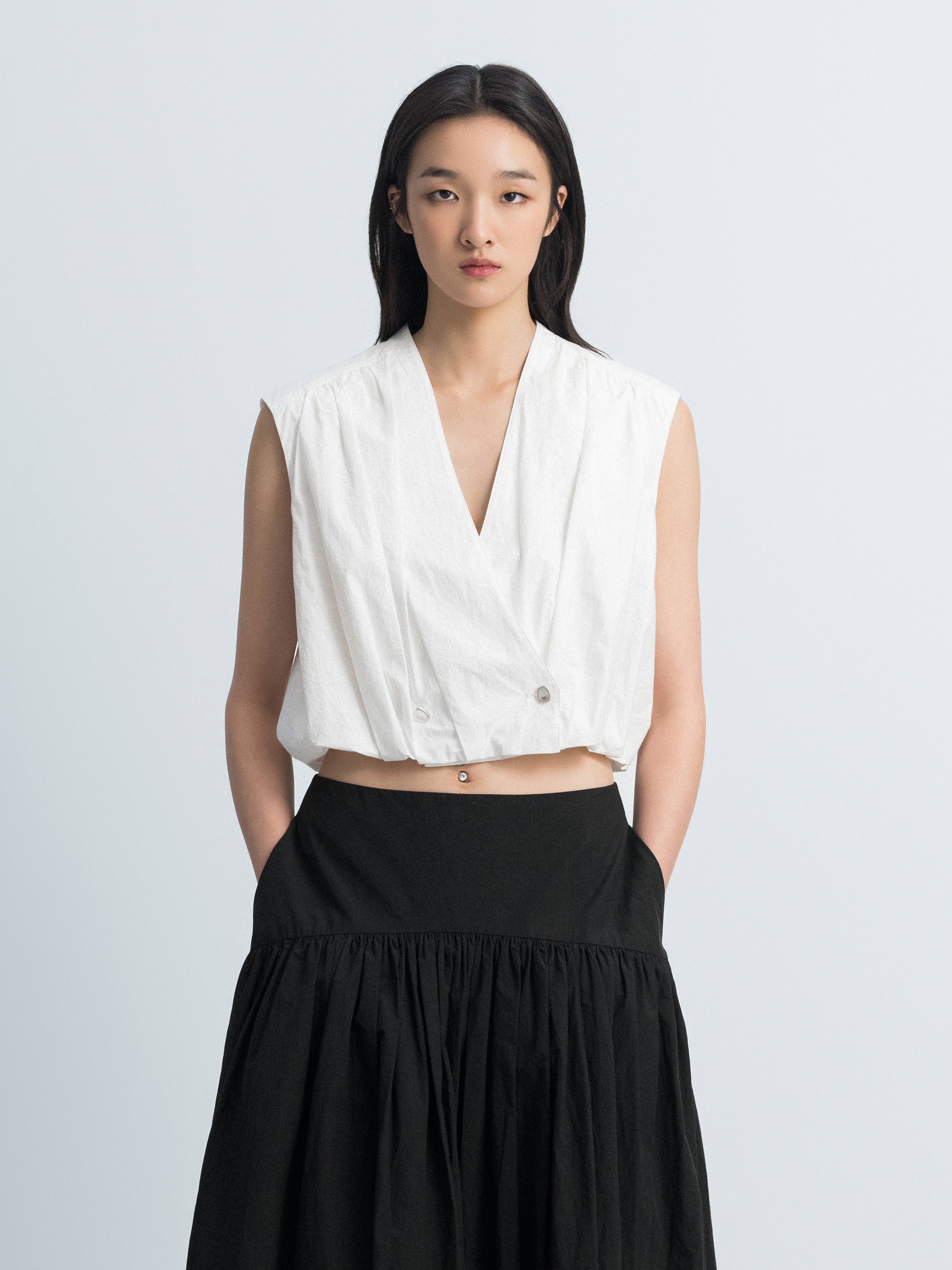 Off White Cotton Crinkle Cross Placket Sleeveless Shirt