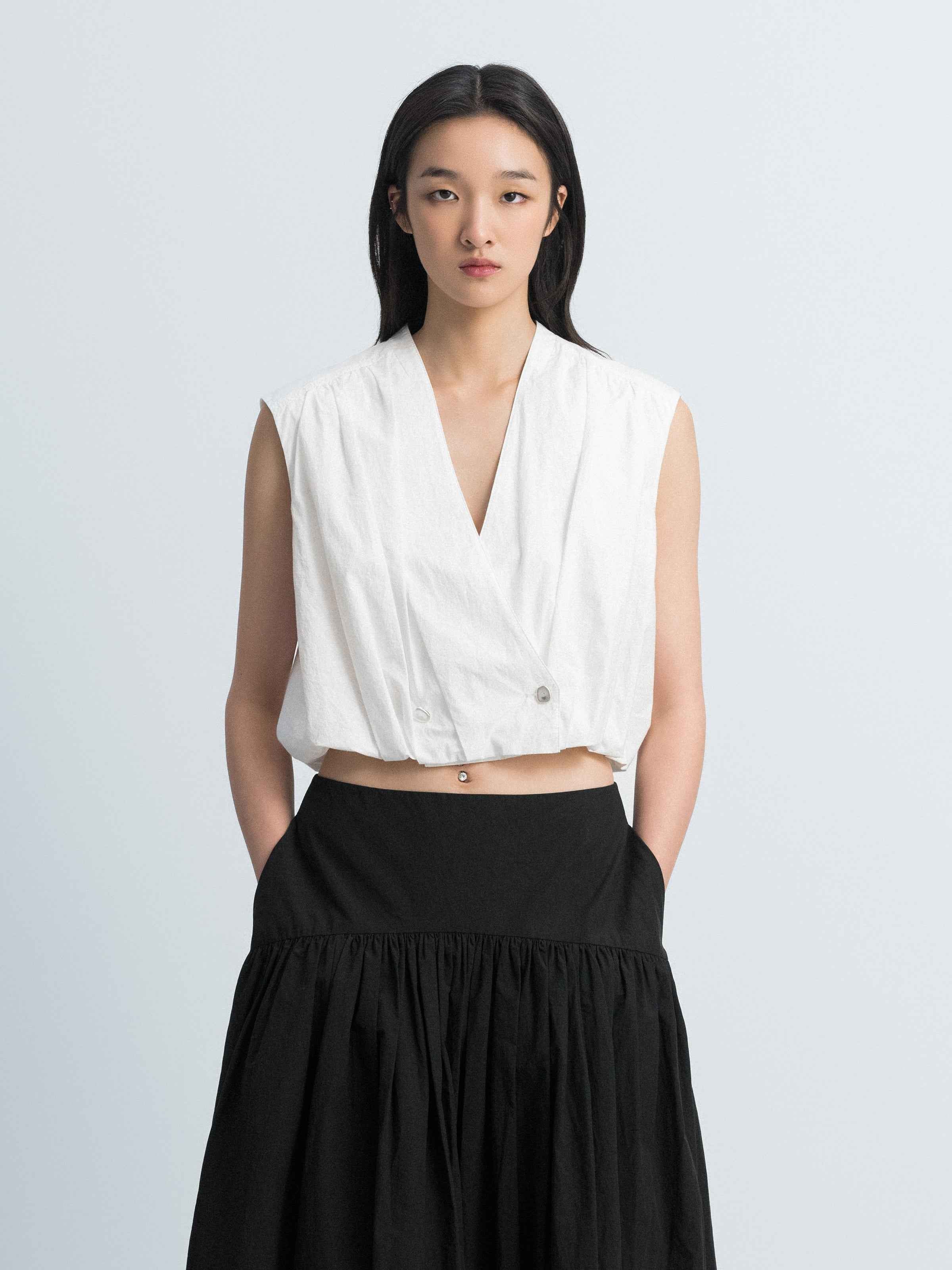 Off White Cotton Crinkle Cross Placket Sleeveless Shirt