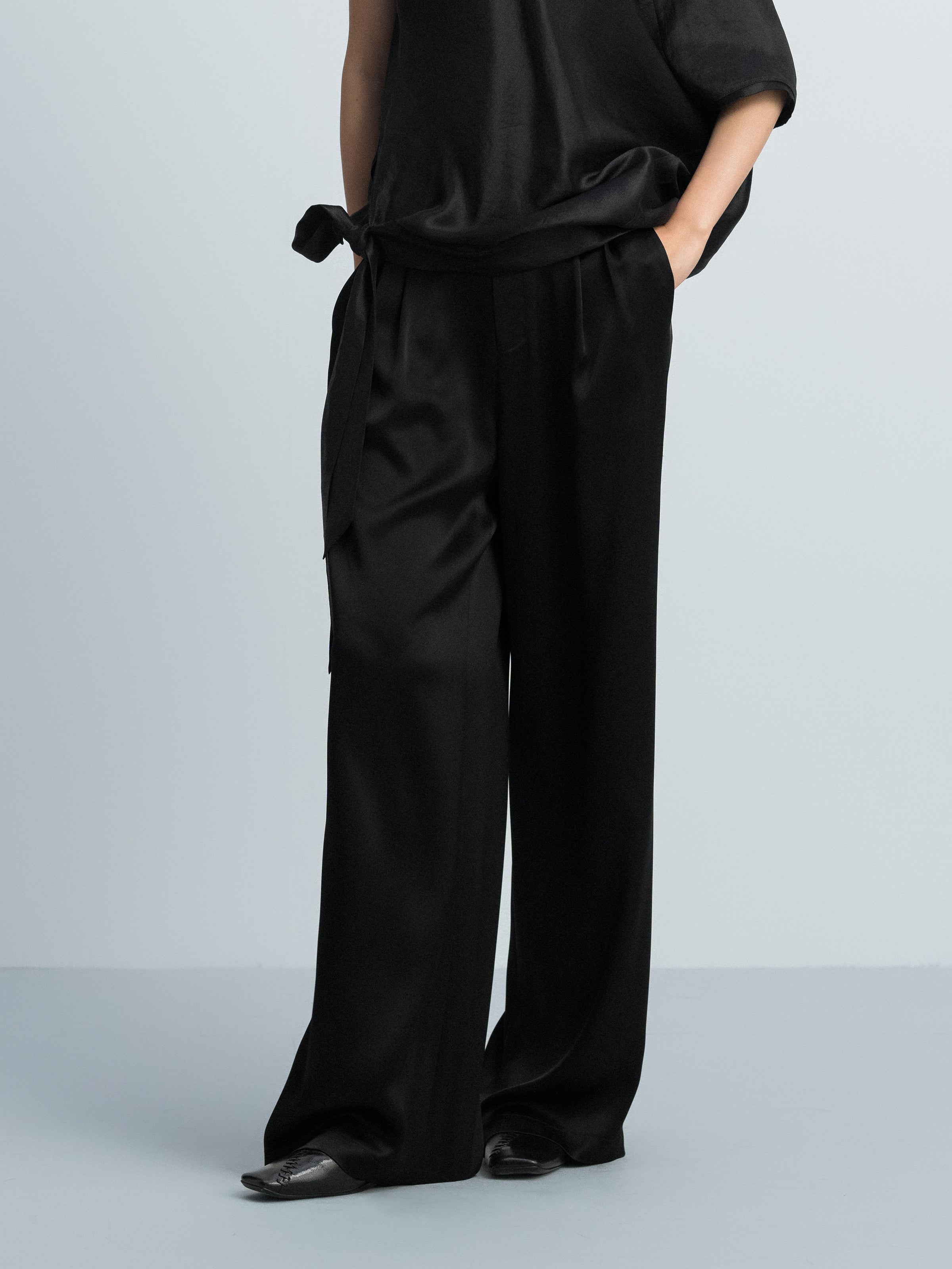 Black Water Wave Satin High-Waist Wide-Leg Trousers