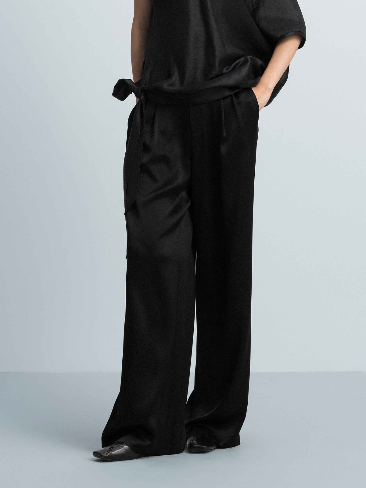 Black Water Wave Satin High-Waist Wide-Leg Trousers