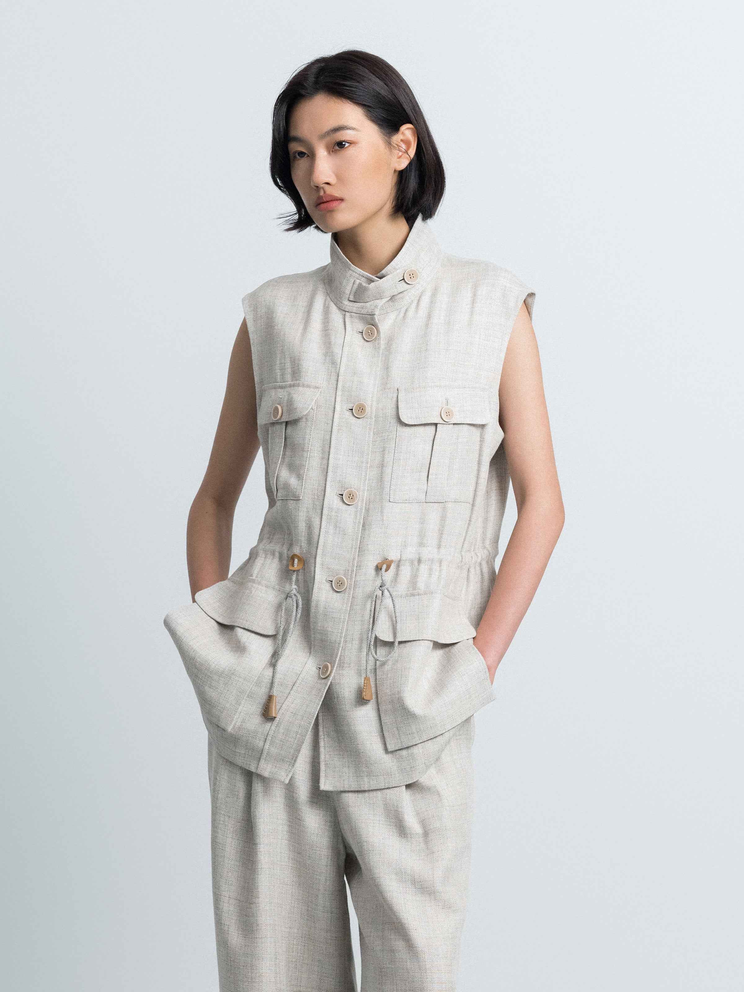 Light Gray Linen Viscose Stand Collar Midi Vest