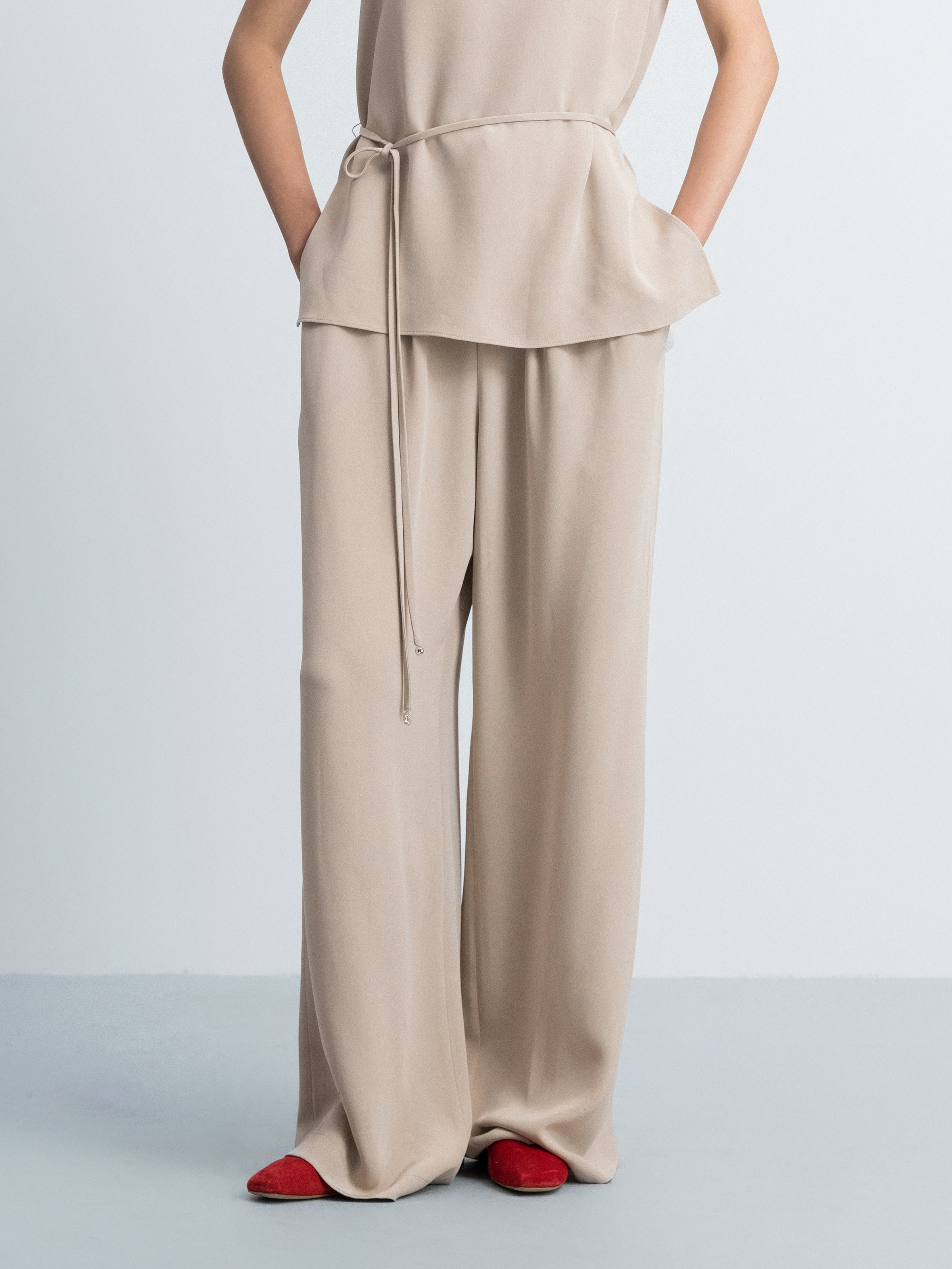 Light Khaki Mulberry Silk Double Pleat Wide-Leg Trousers