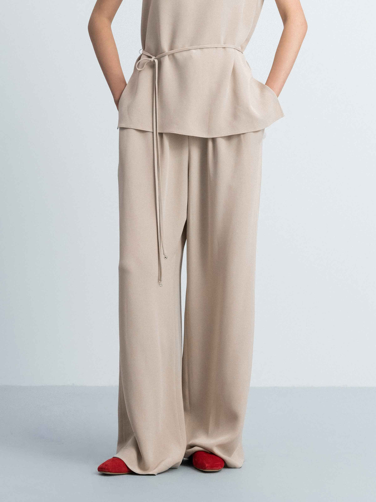 Light Khaki Mulberry Silk Double Pleat Wide-Leg Trousers