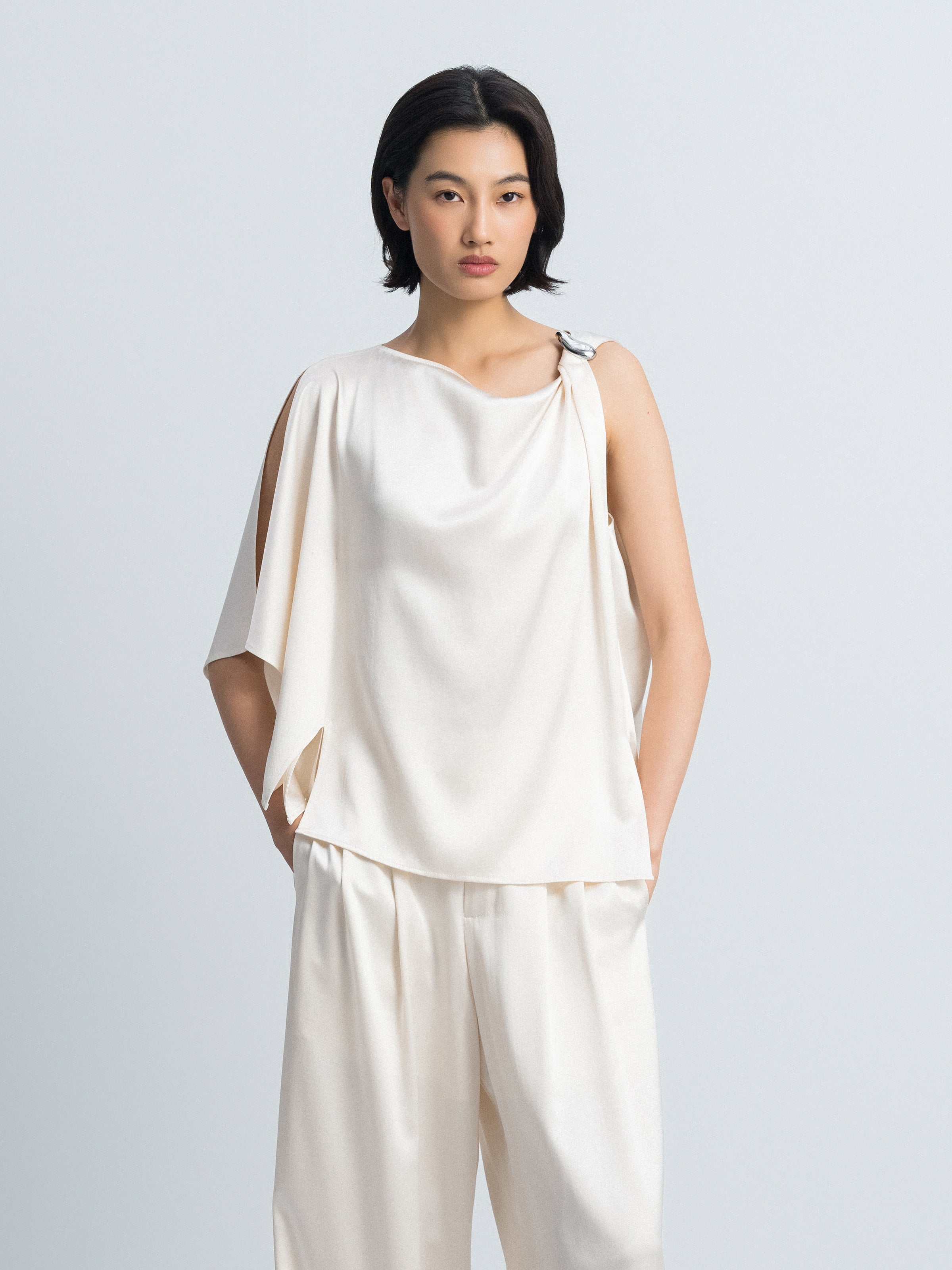 Beige Yellow Mulberry Silk Satin Shoulder Knot Sleeveless Top